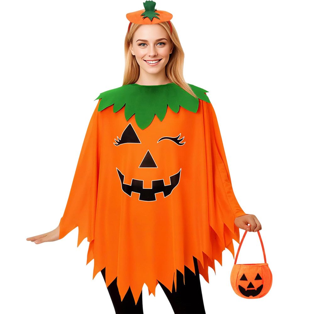 Sorvyzxn Kostüm Halloween-Kürbiskostüm für Damen, 3-teiliges Set für Kostümpartys, Im Dunkeln leuchtender Kürbis-Poncho mit Haarreif und Tasche