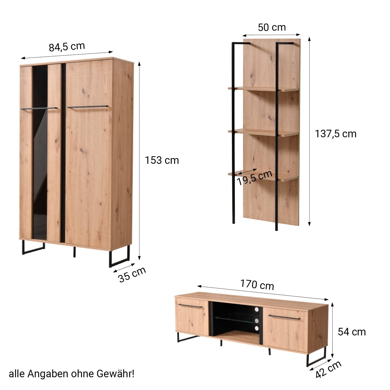 Homestyle4u Wohnwand Schrankwand Anbauwand Wohnzimmer-Set Modern Eiche tlg. Holz Industri, 3 (3-St)