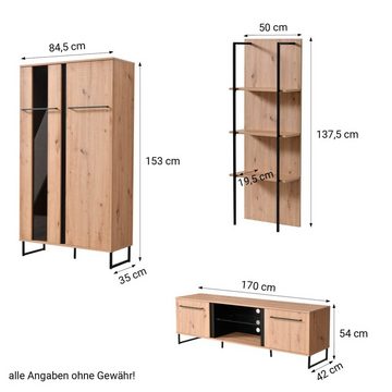 Homestyle4u Wohnwand Schrankwand Anbauwand Wohnzimmer-Set Modern Eiche Holz Industrial, (3-teilig)