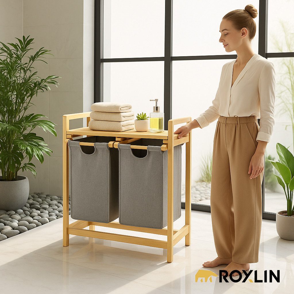 Roxlin Wäschekorb Bambus Wäschekorb 100L mit 2 Fächern Ablage und herausneh günstig online kaufen