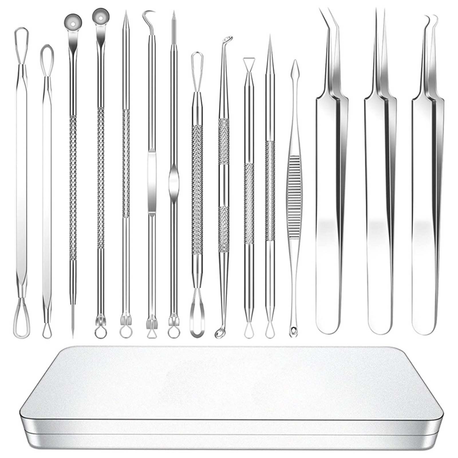 MOPUEA Mitesserentferner 15-teiliges Akne und Mitesserentferner-Tool Set mit gebogenen Formen, 15-teiliges Beauty- und Pflege-Set für tägliche Anwendung, Vielseitige Tools zur gezielten und komfortablen Gesichtspflege, langlebig, kompakt und ideal für unterwegs geeignet