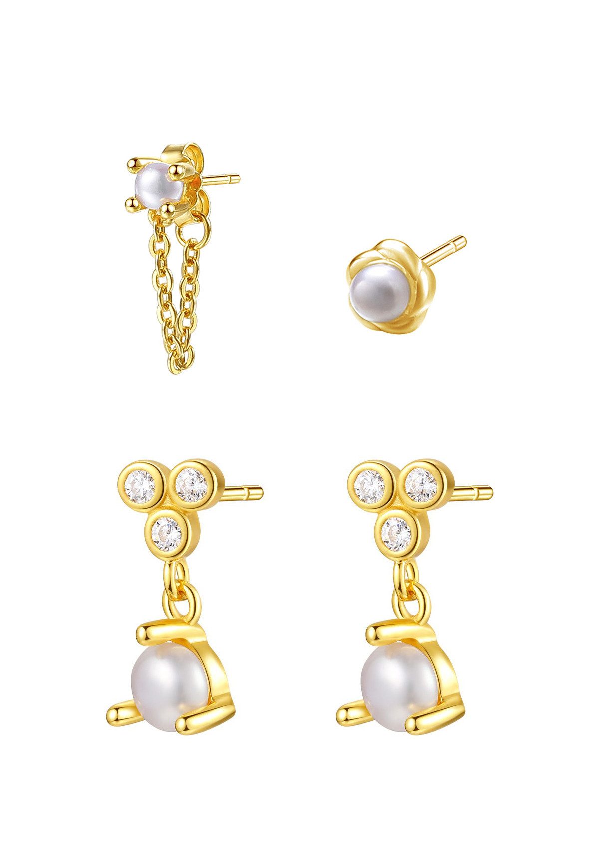 Hey Happiness Ohrstecker-Set Classic Perlen, 4er Layer Ohrring Set für Braut, Hängende Kristall Ohrringe, Kettchen & Perle-Ohrstecker aus 925 Silber