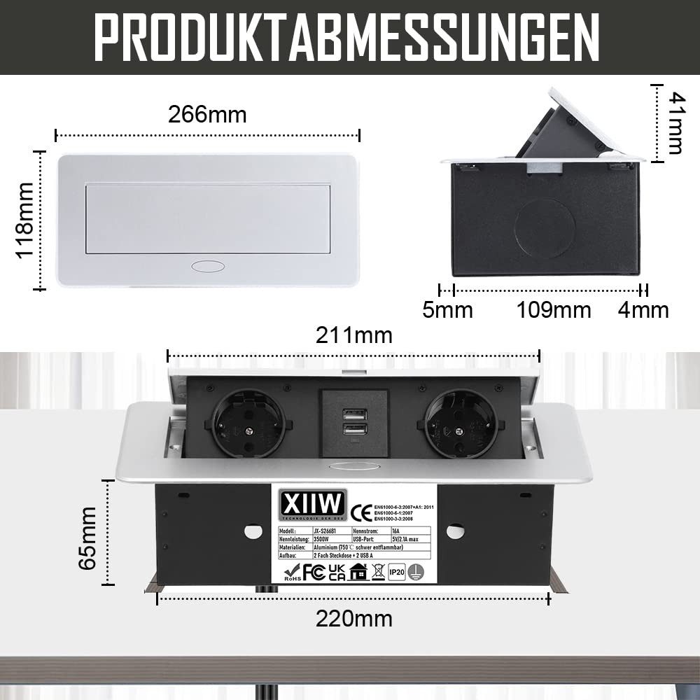 XERSEK Premium Mehrfachsteckdose Einbau Tischsteckdose Steckdosenleiste Einbau-Tischsteckdose 2-fach (USB-Anschlüsse, Netzteil, 2 Fach + 2 USB, Versenkbare Unterbausteckdose Ecksteckdose Bodensteckdose (inkl. Netzteil, Kabellänge 1.8 m), 750℃ Schwer Entflammbar, aus Alu, 230V, Schwarz, für Büros Boden Küche, Kabellänge 1.8 m)