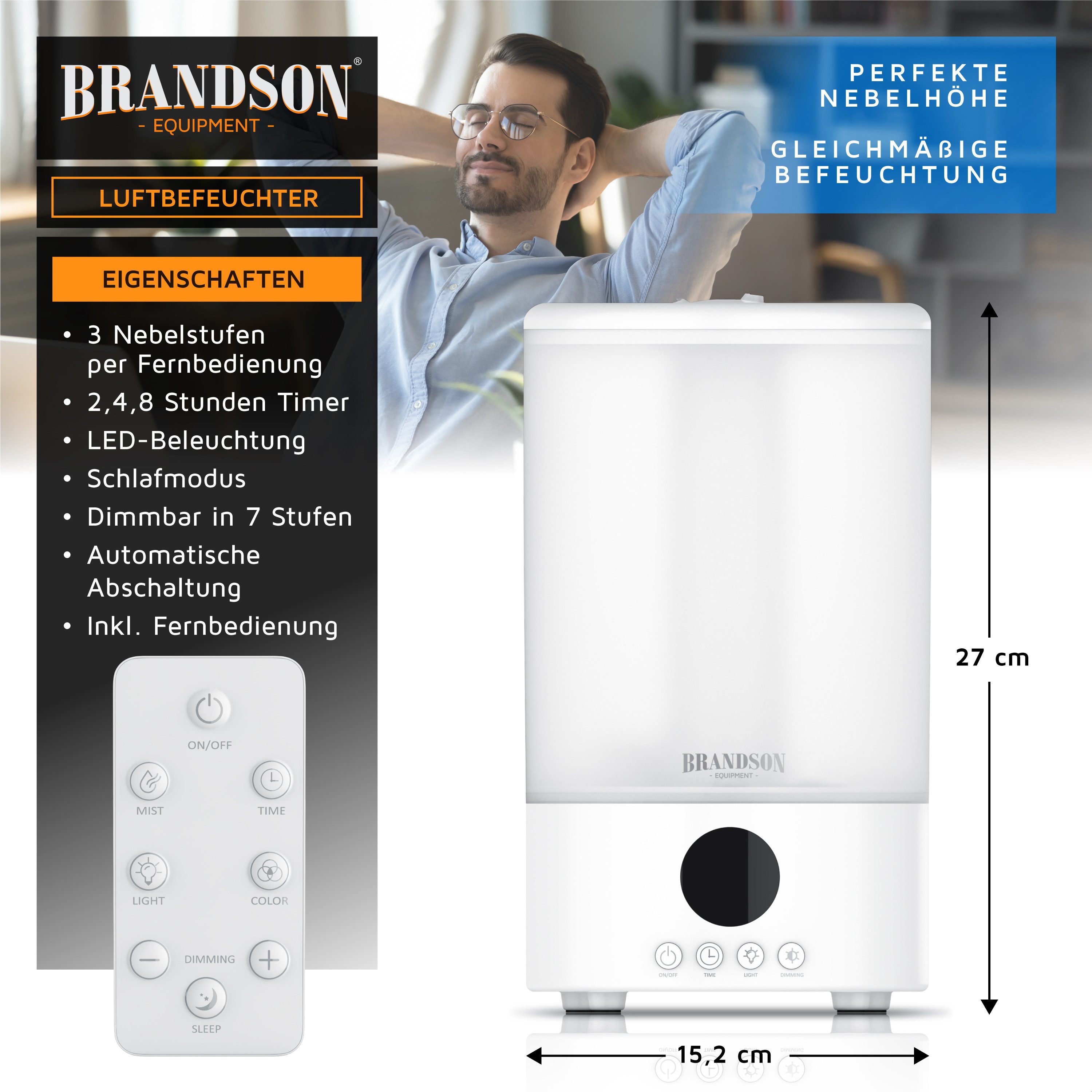 Brandson Luftbefeuchter, 2 l Wassertank, Fernbedienung, 3 Nebelstufen, Timer 1–8 h, leise 35 dBA, Sleep Modus