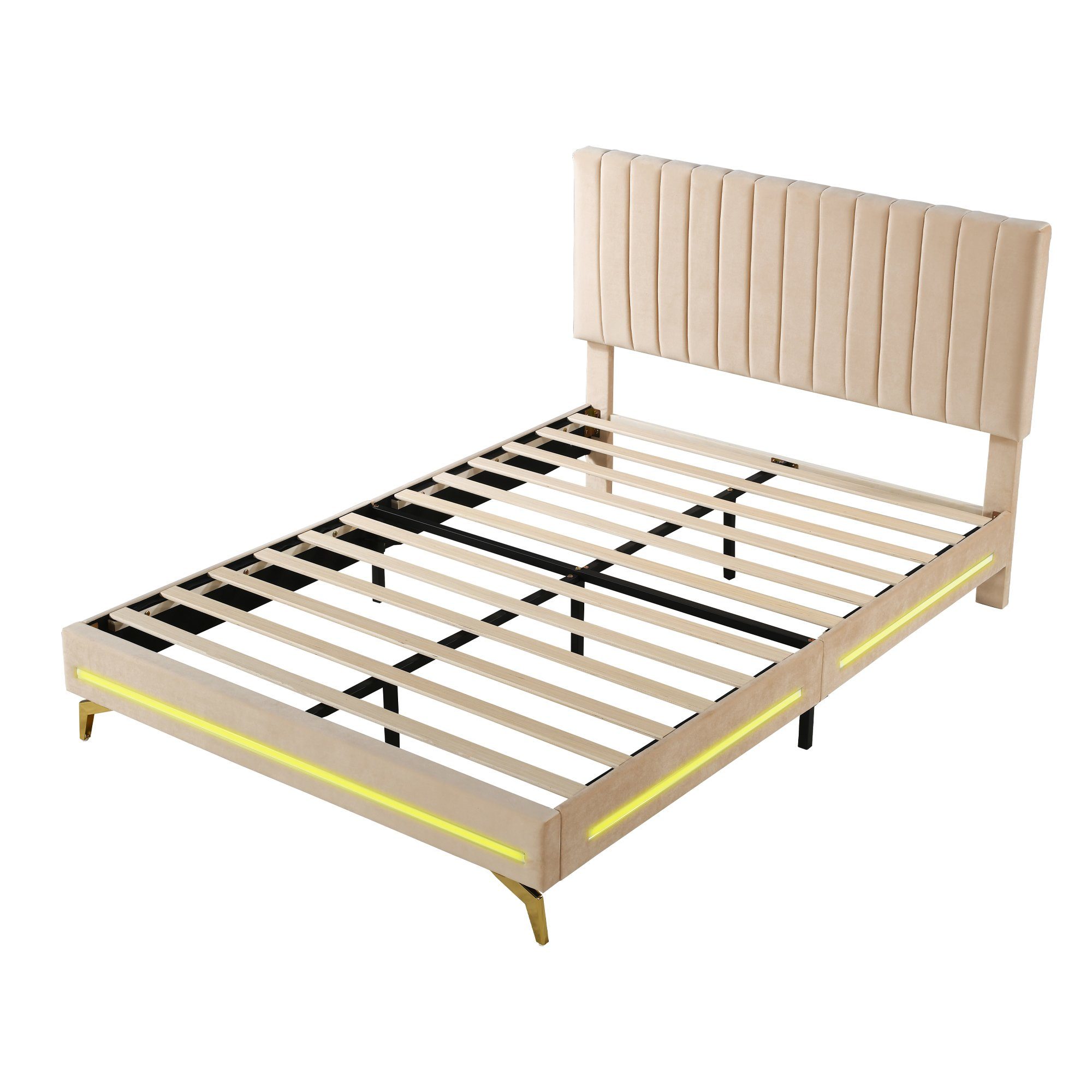 Polsterbett (Doppelbett), mit verstellbarem Kopfteil und LED Beleuchtung, Samt, 140x200cm