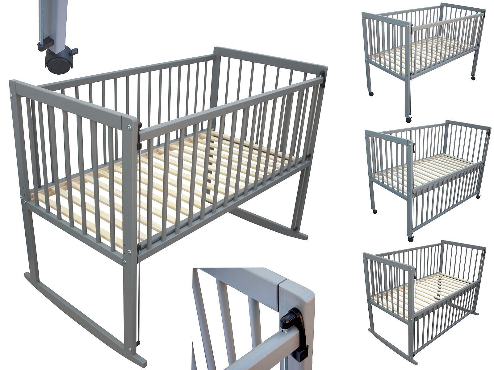 Beistellbett Kinderbett / Beistellbett / Wiege Schaukelwiege 3in1 120x60 cm grau