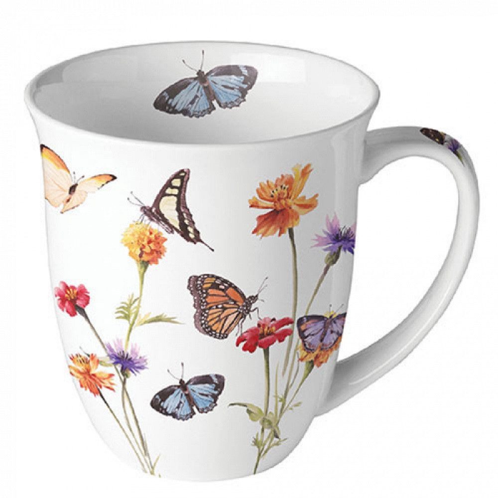 Ambiente Luxury Paper Products Becher Porzellan, Schmetterling, Garten, Mug, Butterfly Kollektion, 1-tlg., Porzellan Becher 0,4 L Schmetterlingsgarten weiß, Blumen, Pflanzen, Tiere Schmetterlinge Motiv, Tasse, Tee/Kaffee - Ideal Als Geschenk