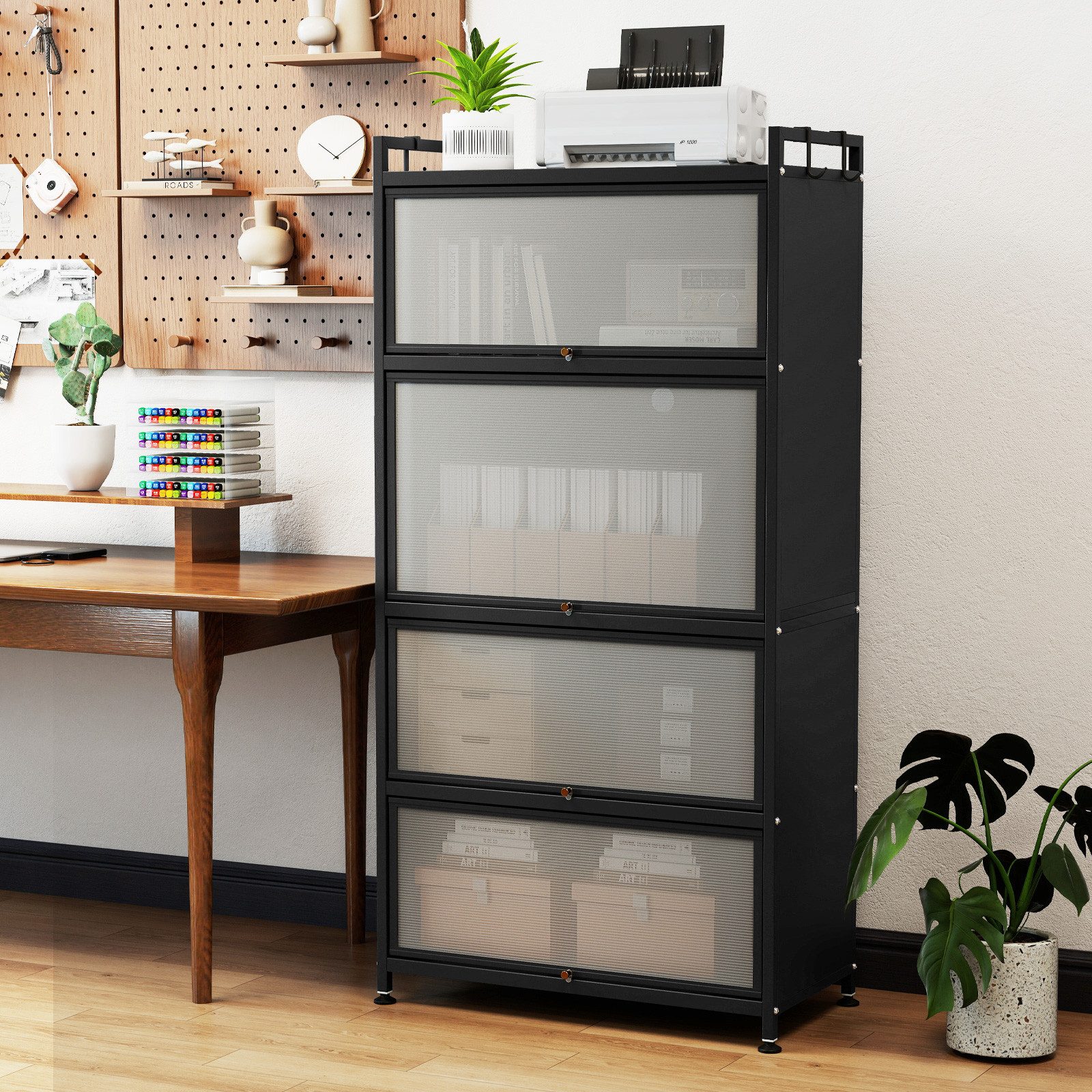 COSTWAY Vorratsschrank Küchenschrank hoch mit Rollen, PC-Klapptüren & 4 Haken Metall