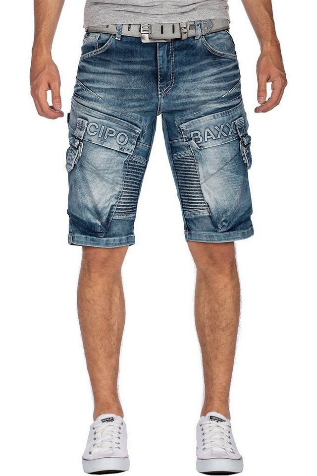 Cipo & Baxx Jeansshorts Herren Regular Fit Shorts Stonewashed BA-CK189 Cargo Style mit Rippenmuster