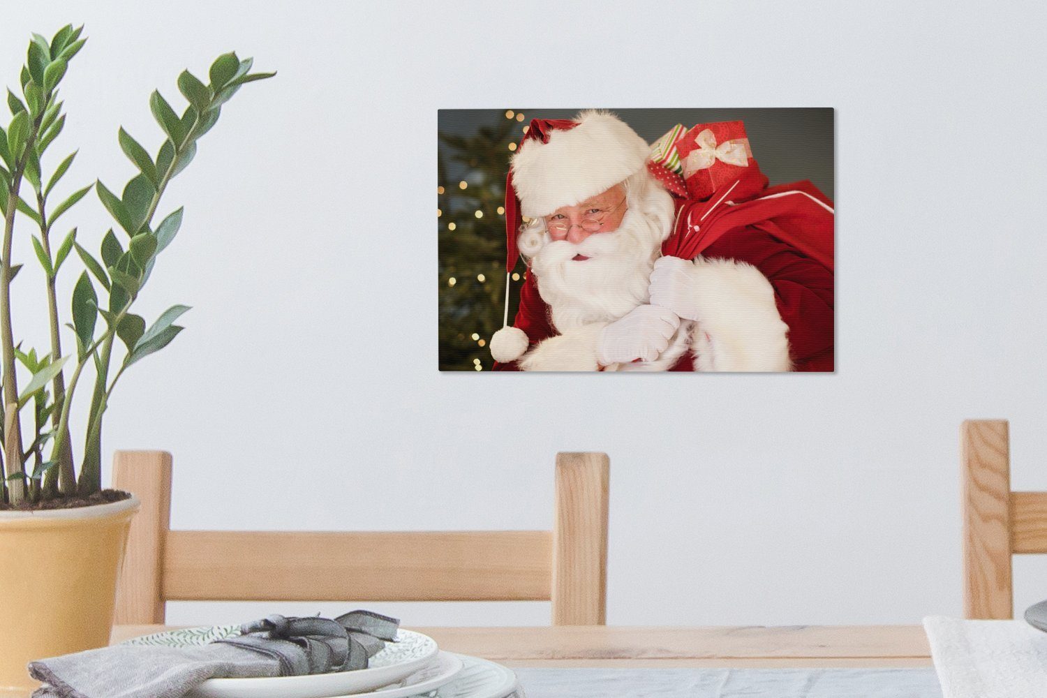 Leinwandbild cm roten Porträt (1 OneMillionCanvasses® des St), der Aufhängefertig, Leinwandbilder, Wandbild Sack der, über Weihnachtsmanns, 30x20 Ein Wanddeko, einen