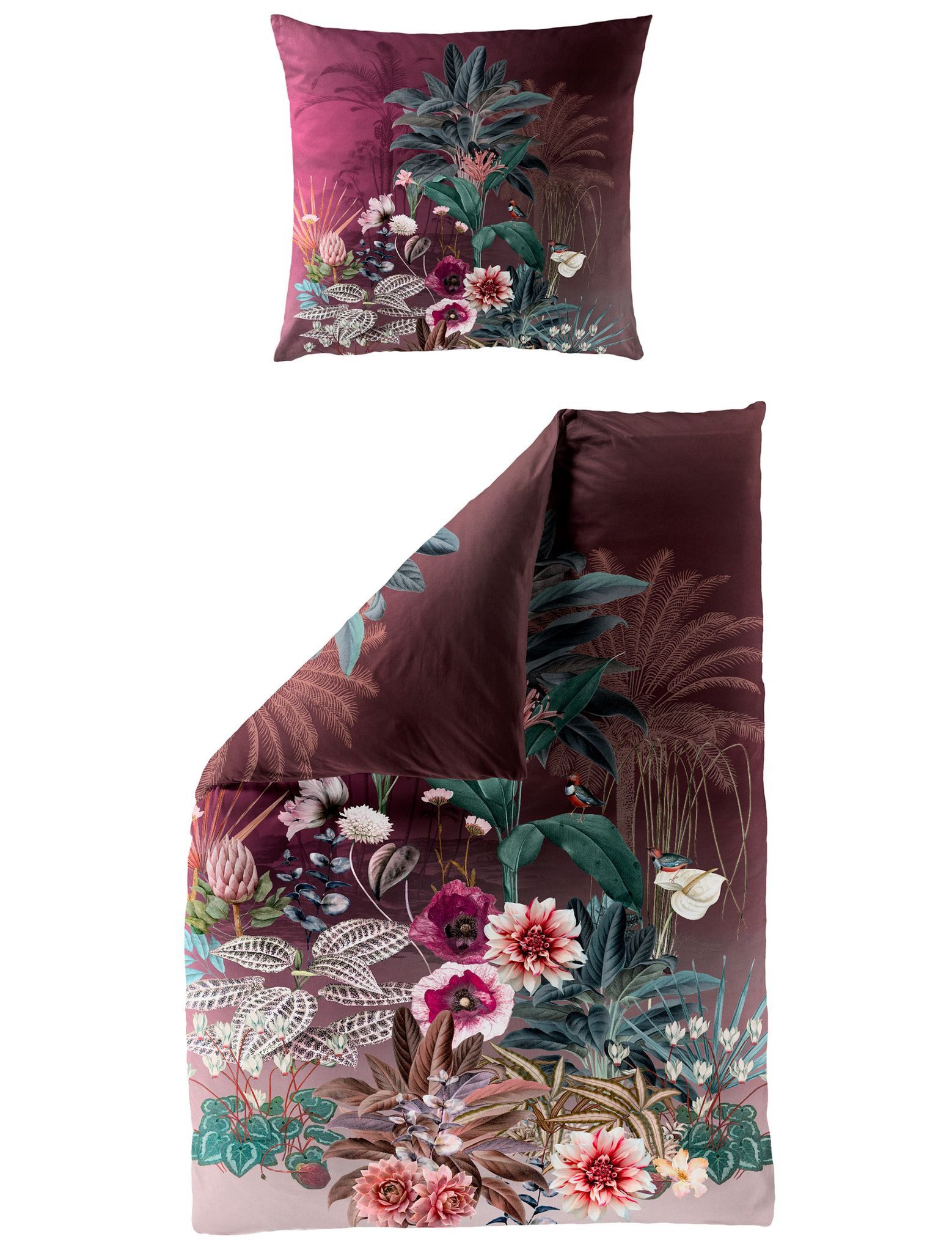 JACK Bettwäsche 135x200cm, Tropische Flora Fauna Burgund, Microfaser, 2 teilig, Tropische Pflanzen und Tiere