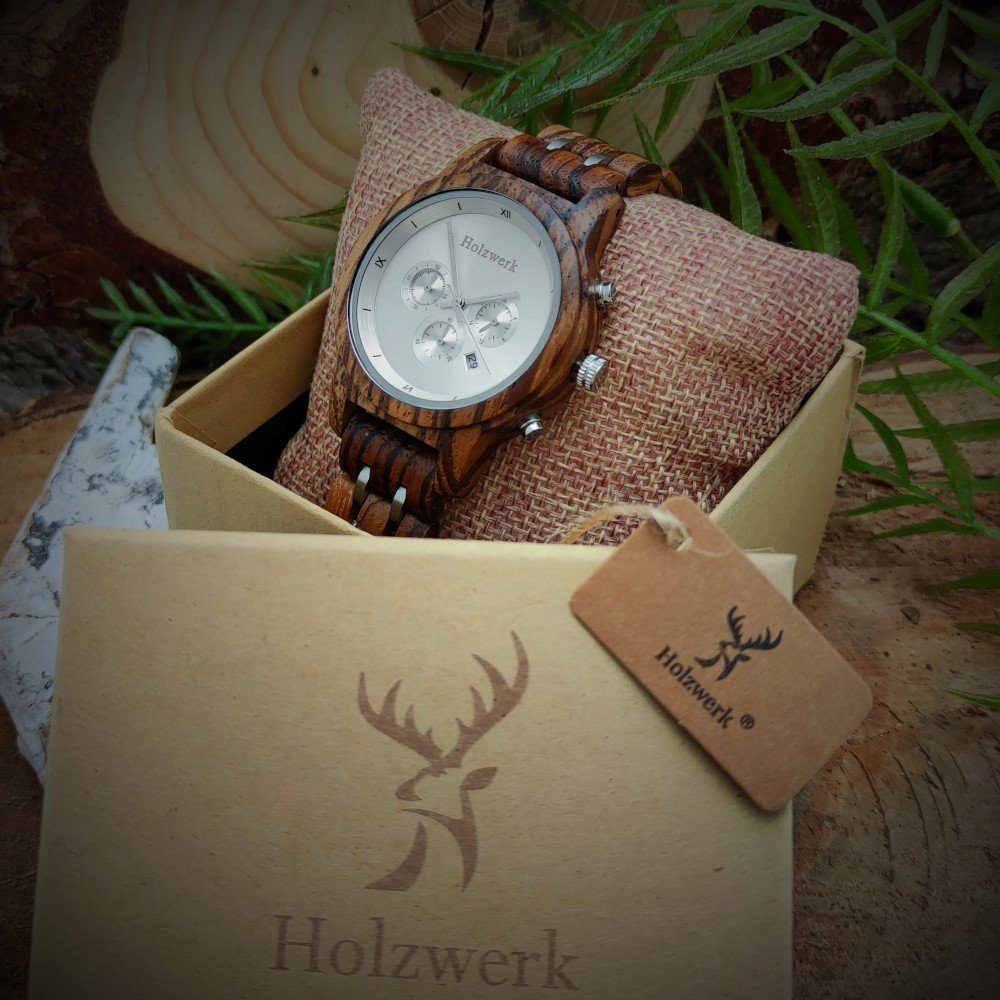 Damen Holz silber Holzwerk Armband mit in braun, Chronograph Datum & Uhr BEXBACH Herren