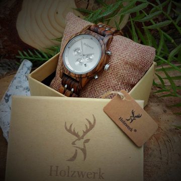 Holzwerk Chronograph BEXBACH Damen & Herren Holz Armband Uhr mit Datum in braun, silber