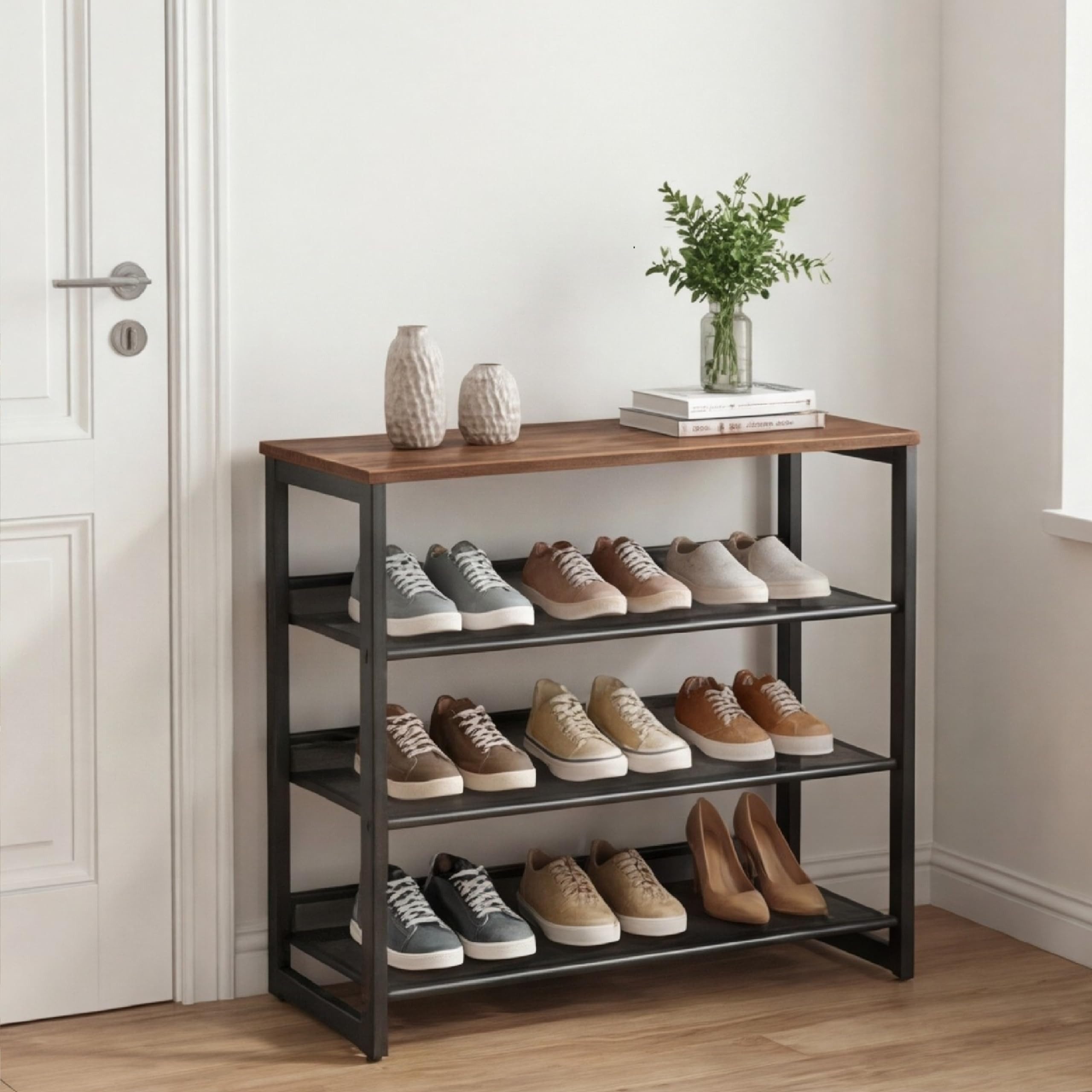 SURFOU Schuhregal Schuhregal schmal, Schuhregal platzsparend - 4 Ebenen mit Holzablage, Schuhregal holz, Schuhablage, Schuhregal klein, Schuhregal mit 4 verstellbaren Gitterablagen, Holzplatte und Metallrahmen, Platz für bis zu 16 Paar Schuhe, ideal für Flur, Eingangsbereich und Schlafzimmer 1-tlg., 63,5 x 30 x 71 cm, Verstellbar
