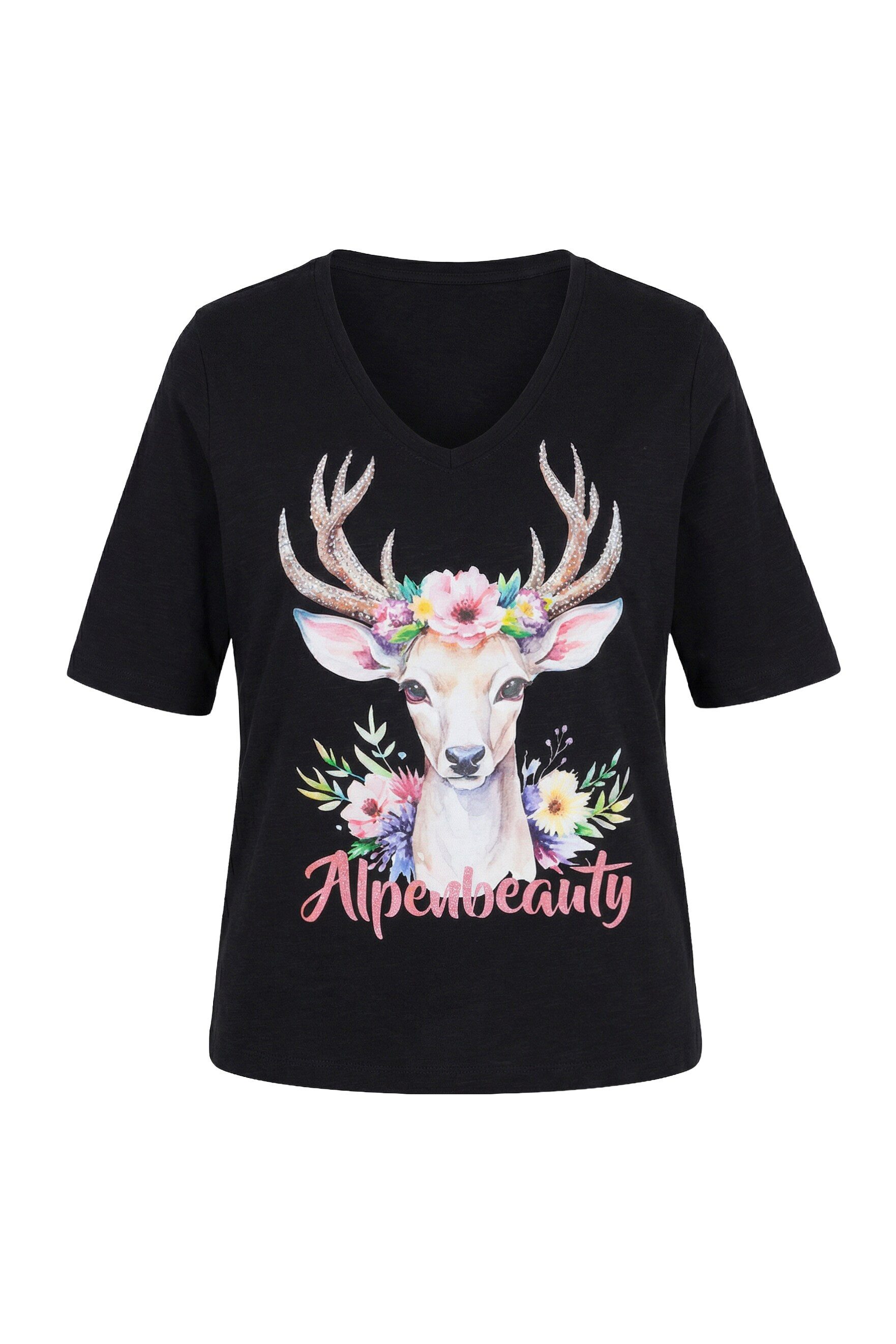 Ulla Popken T-Shirt T-Shirt Hirsch Classic V-Ausschnitt Halbarm