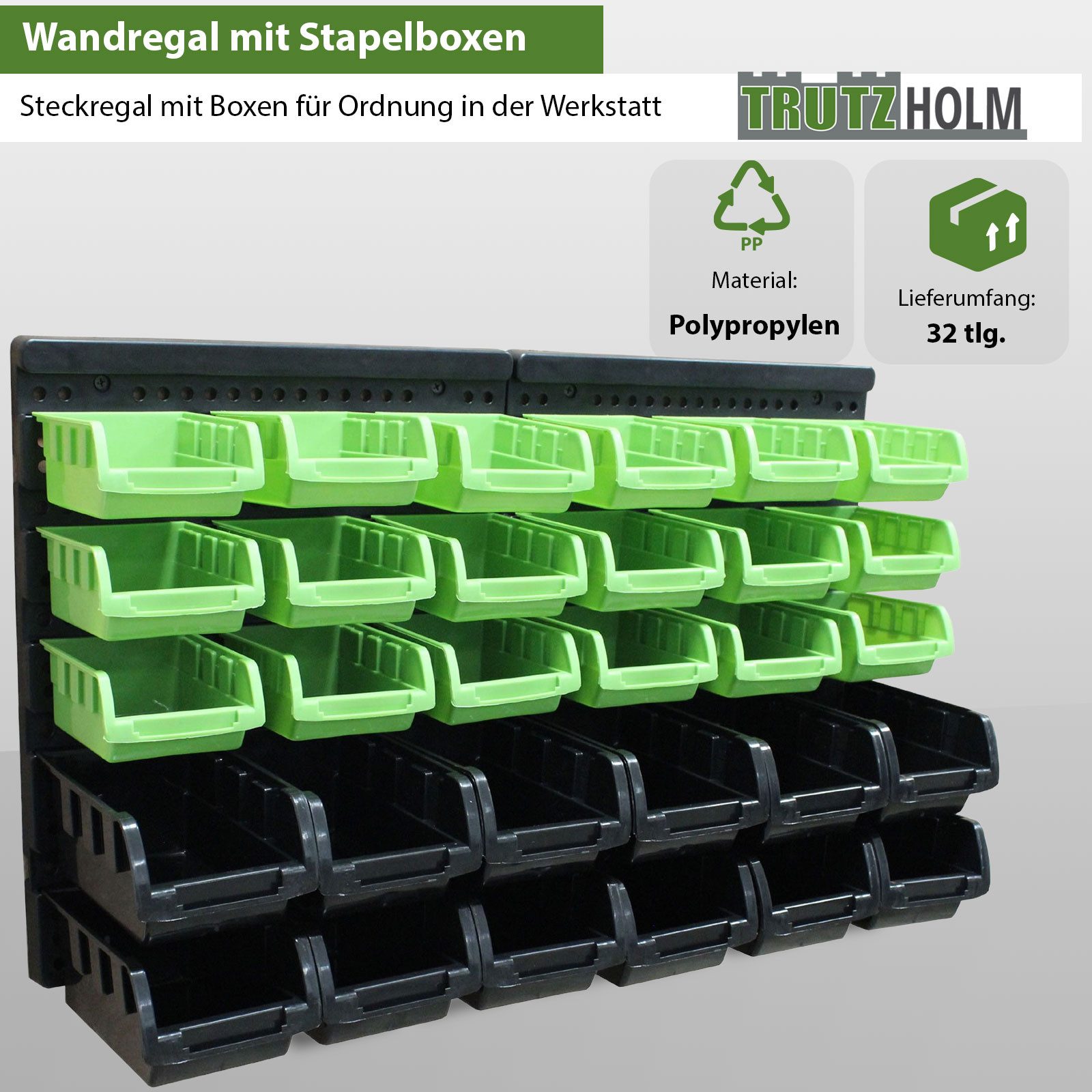 TRUTZHOLM Stapelbox 32tlg Stapelboxen mit Wandregal Set für Werkstatt Lager günstig online kaufen