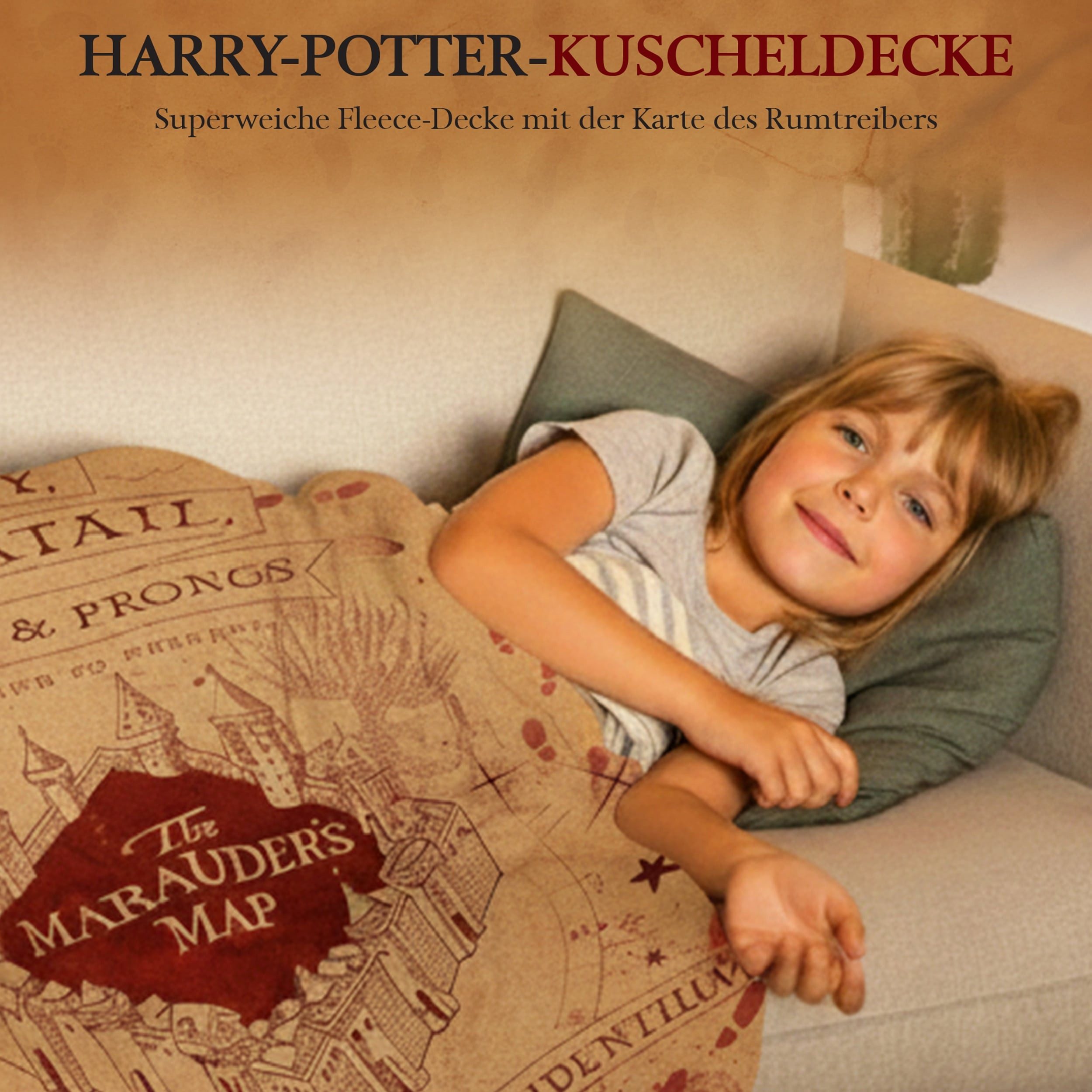 Kinderdecke Harry Potter mit "Karte des Rumtreibers", XL Tagesdecke 150 x 200 cm, Familando, mit Namen und der Karte des Rumtreibers