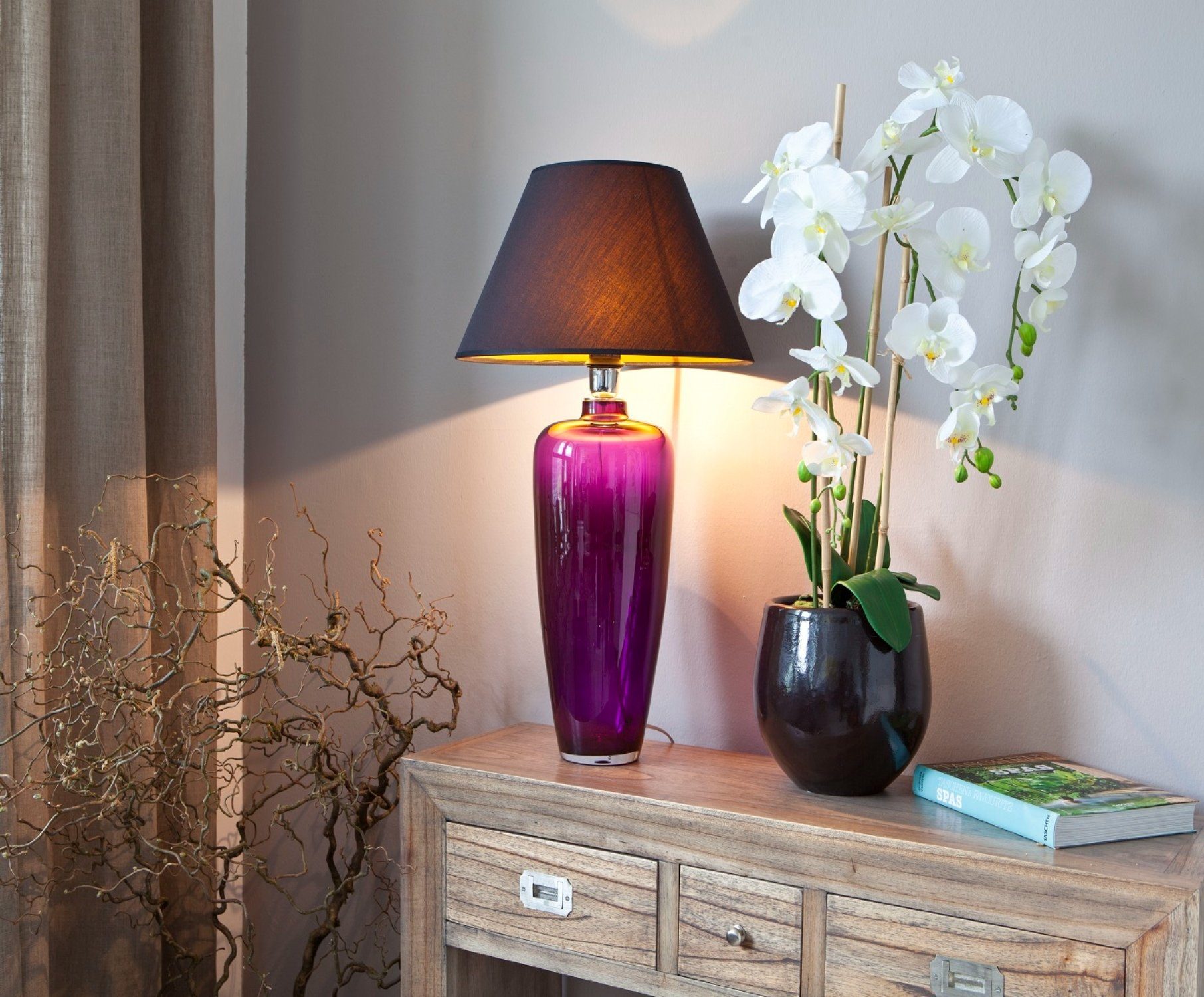 Home Lampenschirm Leuchtmittel, aus Glas lila Warmweiß, mit schmal, Collection Tischlampe mundgeblasen Glaslampe Signature Tischleuchte ohne