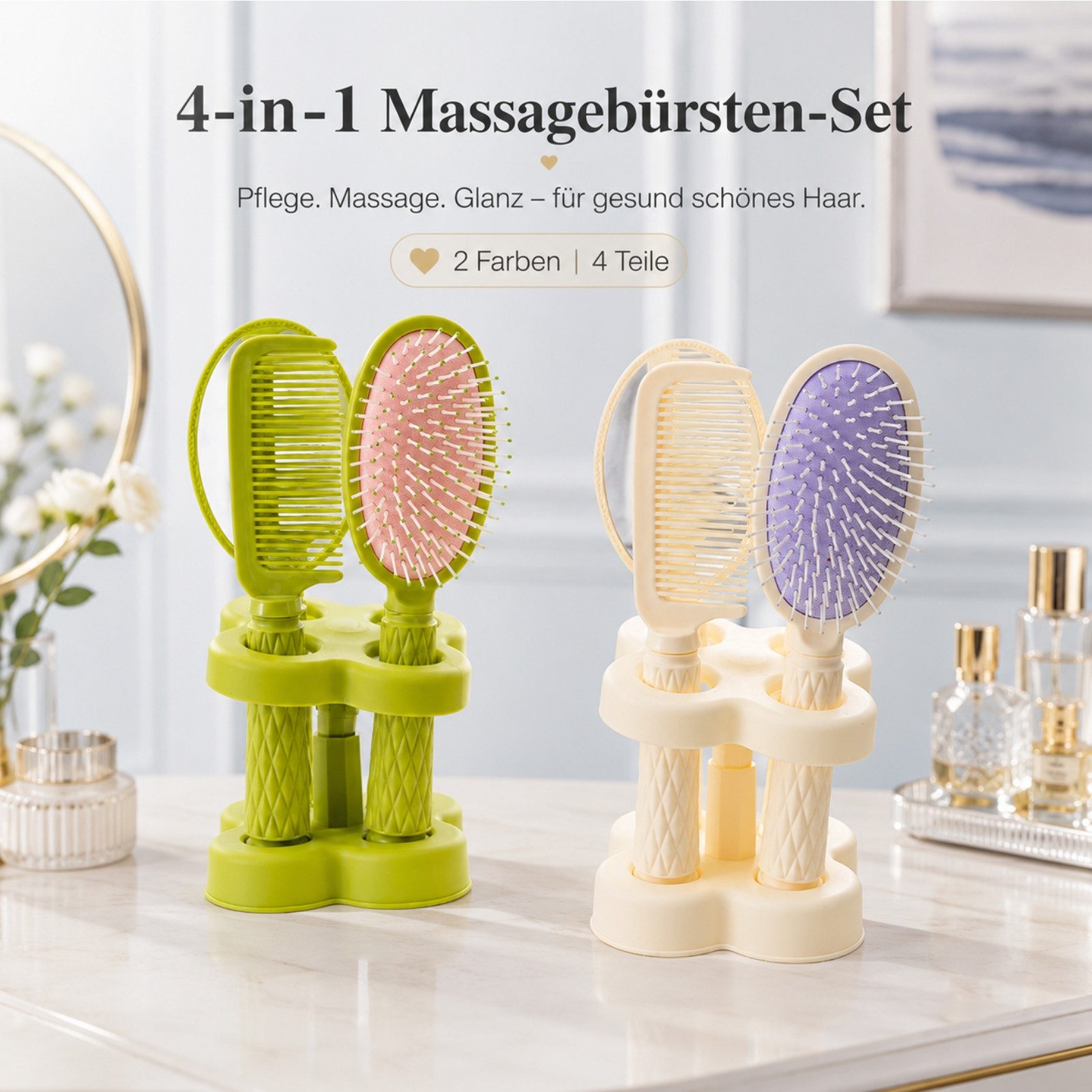 Jumpeak Haarbürsten-Set Haarbürste Set,Luftpolster-Haarbürste,Paddelbürste,Massagebürste, 4-teiliges Set, Entwirrend,Ohne Ziepen,4-teilig,Mit Spiegel,Geschenk für Frauen