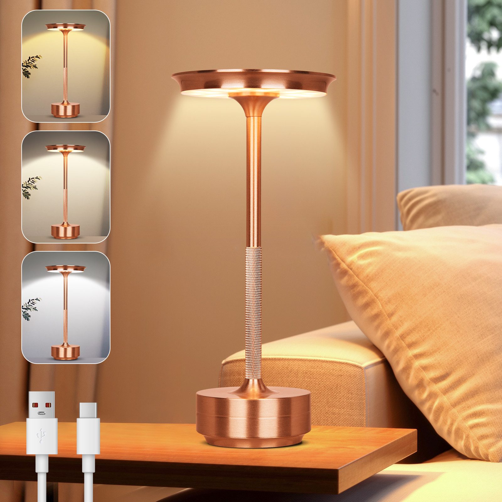 Lapamax LED Tischleuchte Akku Tischleuchte, 3 Lichtfarben, Dimmable, LED, 3 Lichtfarben, Kabellose Nachttischlampe für Wohnraum, Schlafzimmer und Esstisch