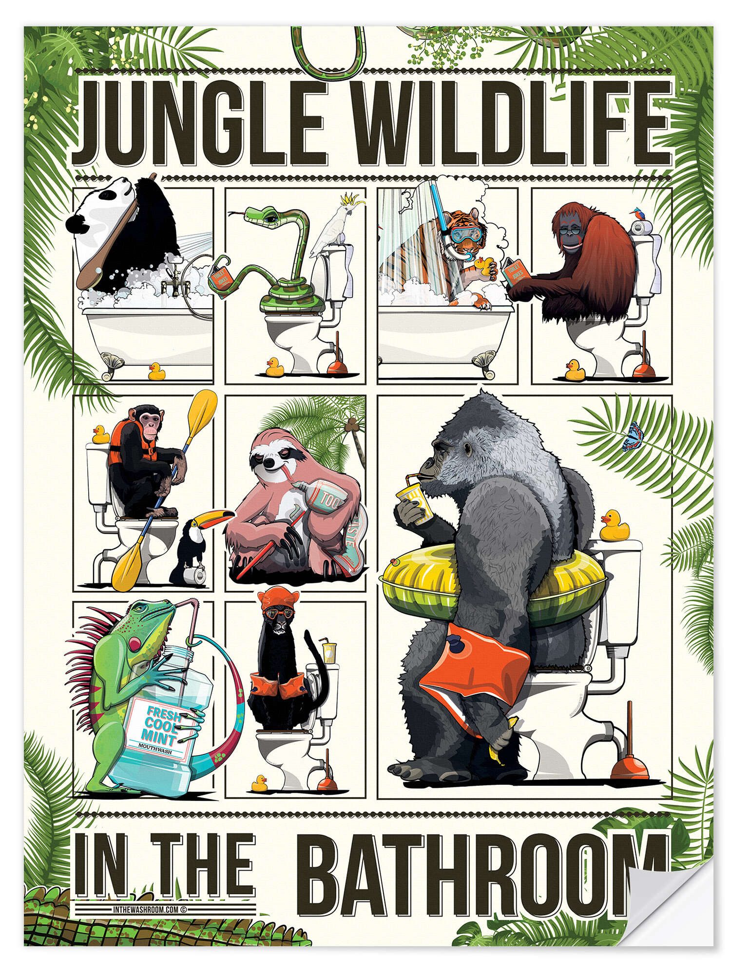 Posterlounge Wandfolie Wyatt9, Dschungeltiere im Badezimmer, Kindergarten Illustration