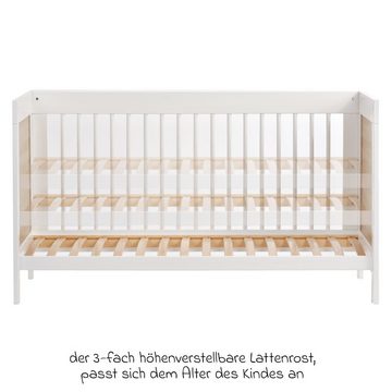 jonka Babybett Erwin - Weiß Eiche, Kinderbett 70 x 140 cm - verstellbarer Lattenrost & 3 Schlupfsprossen