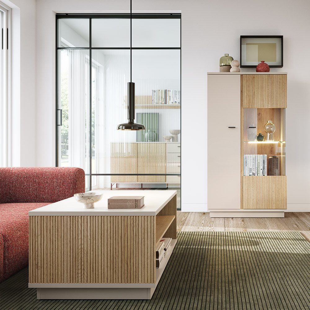 Lomadox Wohnzimmer-Set MOLINA-129, (Mega-Spar-Set, 2-St., Highboard Couchtisch), Wohnzimmermöbel in Eiche & kaschmir mit Softclose & LED-Beleuchtung