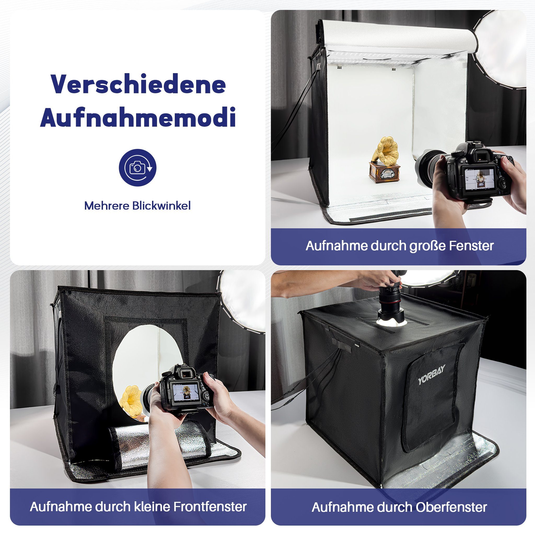 Yorbay Fotostudio-Box Fotostudio Set 52 x 52 x 52 cm LED Lichtbox Lichtwürfel Lichtzelt, mit 6 PVC-Hintergrundfolien(schwarz,rein weiß,grau,orange,rot,blau)