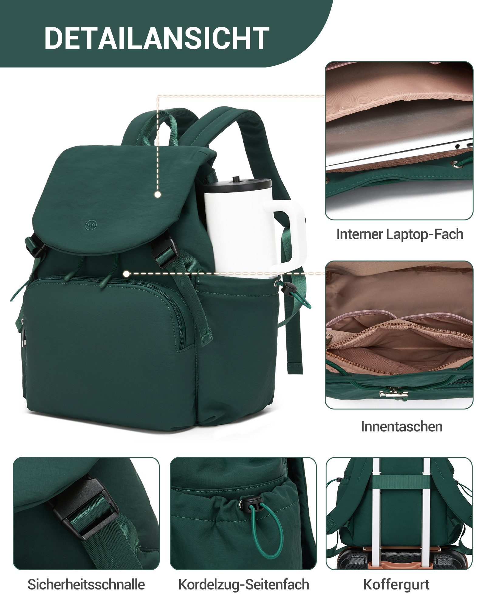 Miss Lulu Rucksack Leichter Rucksack Damen – Kompakter Cityrucksack mit 13" Laptopfach – Bild 5 von 5