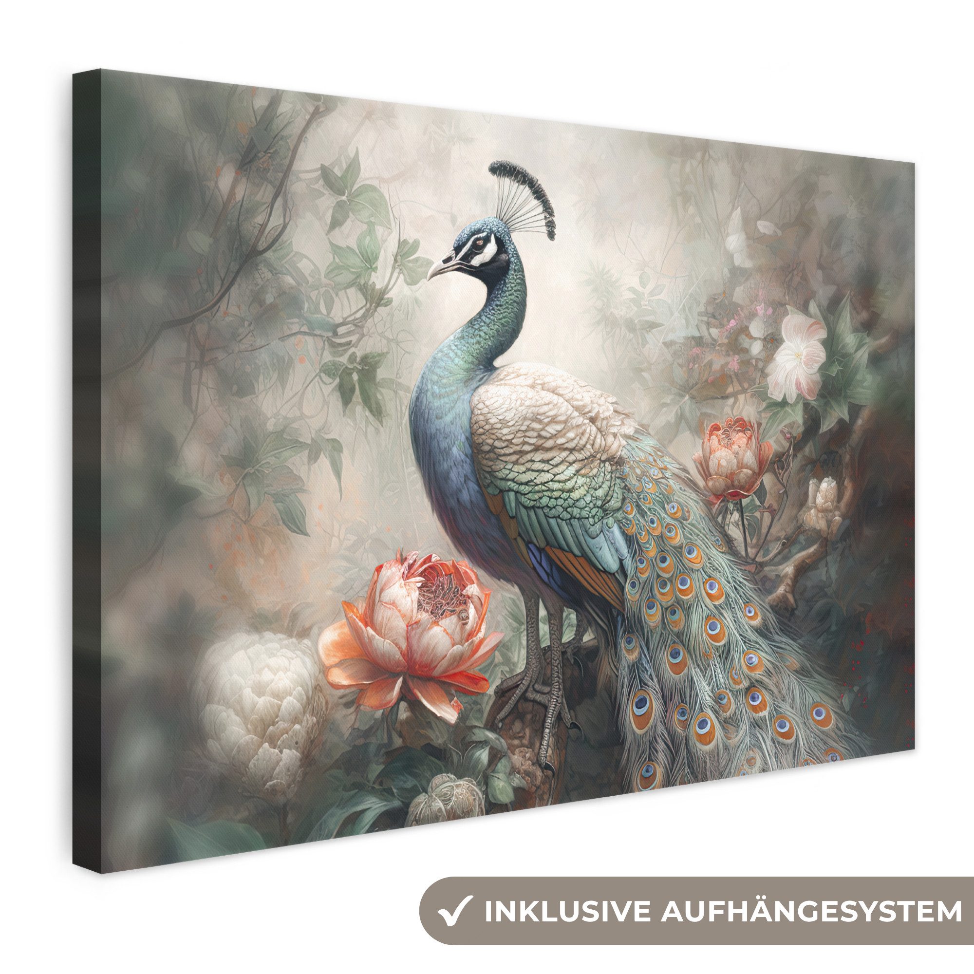 OneMillionCanvasses® Leinwandbild Pfau - Pfauenfedern - Vogel - Dschungel - Blumen, Fotodruck (1 St), Leinwand Bilder Klein, Wand Dekoration Aesthetic 30x20 cm