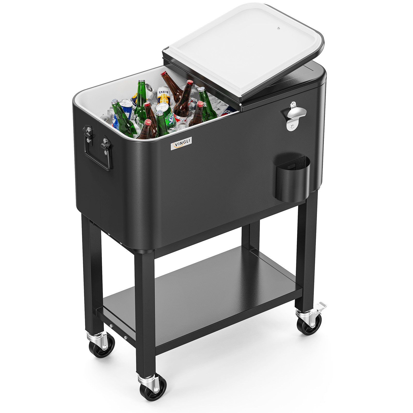 LALAHO Trolley-Kühlbox Kühlwagen mit Rollen Kühlbox Beistellwagen Servierwagen, Getränkewagen Trennplatte Bar,66 x 35,5 x 81 cm