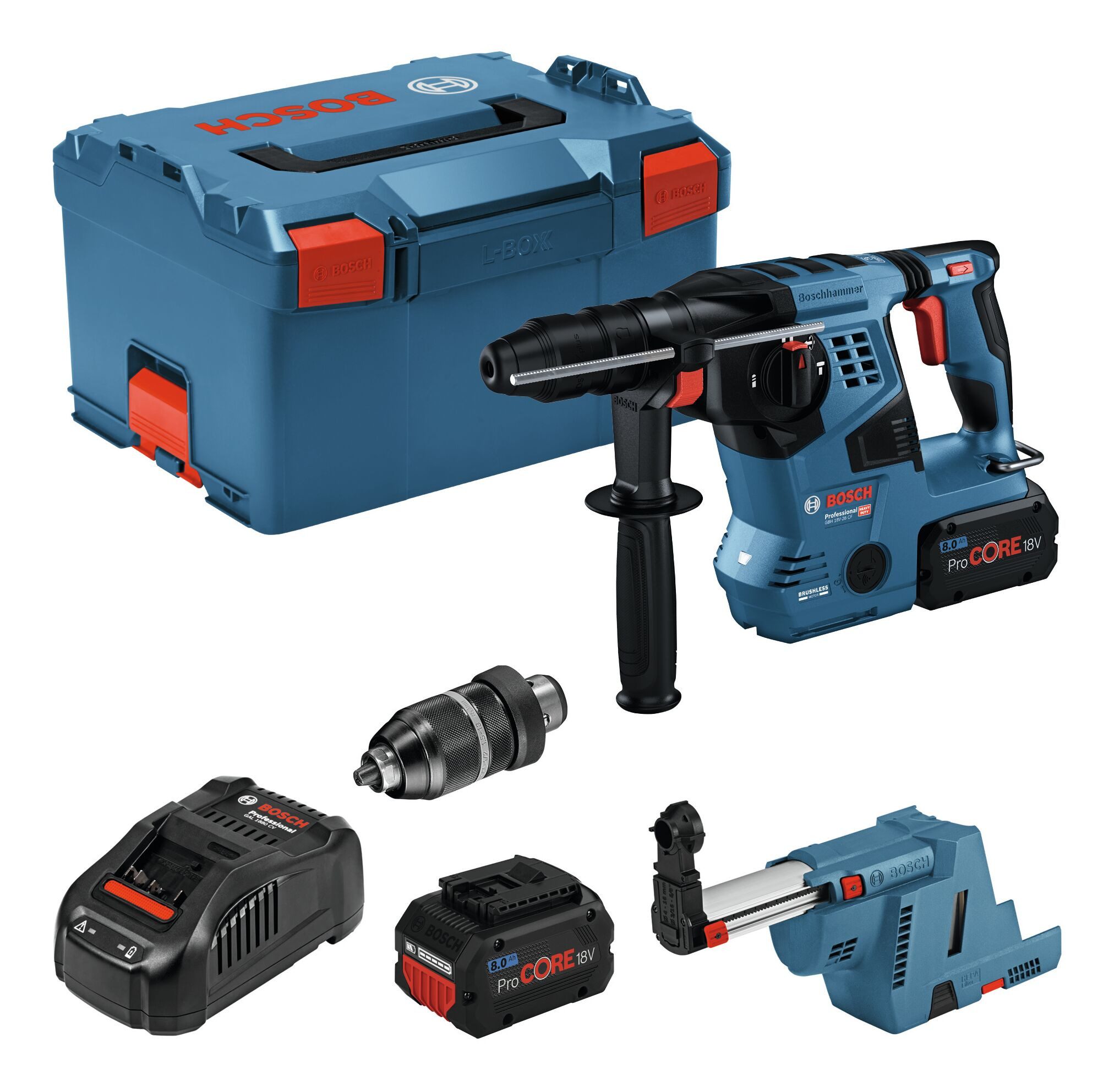 BOSCH Akku-Kombibohrhammer GBH 18V-28 CF, 18 V, Bohrhammer m. SDS plus m. 2x Akku ProCORE 8 Ah & GDE 18V-16 - in L