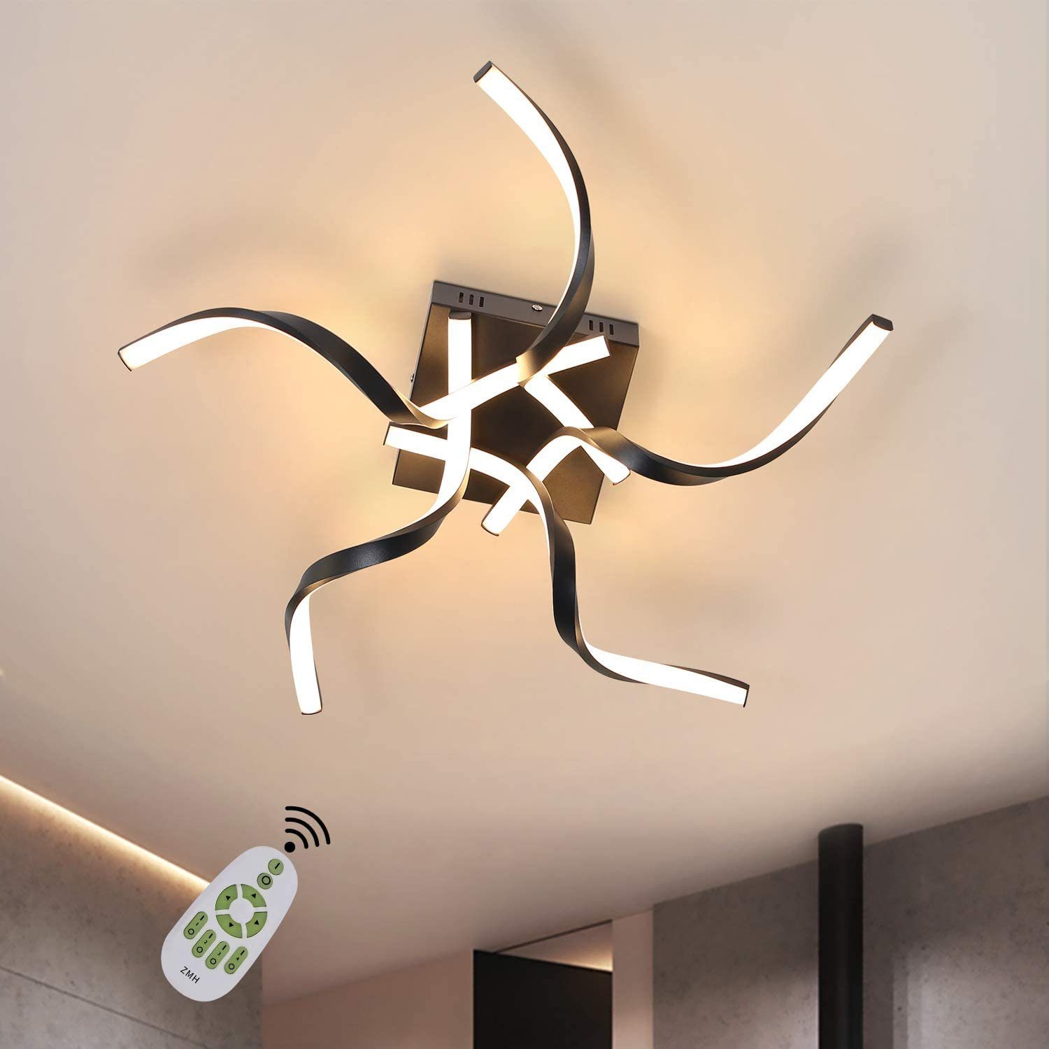 ZMH LED Deckenleuchte Wohnzimmer 65CM Wellenform Modern mit Fernbedienung, Kreatives Design, LED fest integriert, 3000-6000k, Dimmbar Schwarz | Deckenlampen