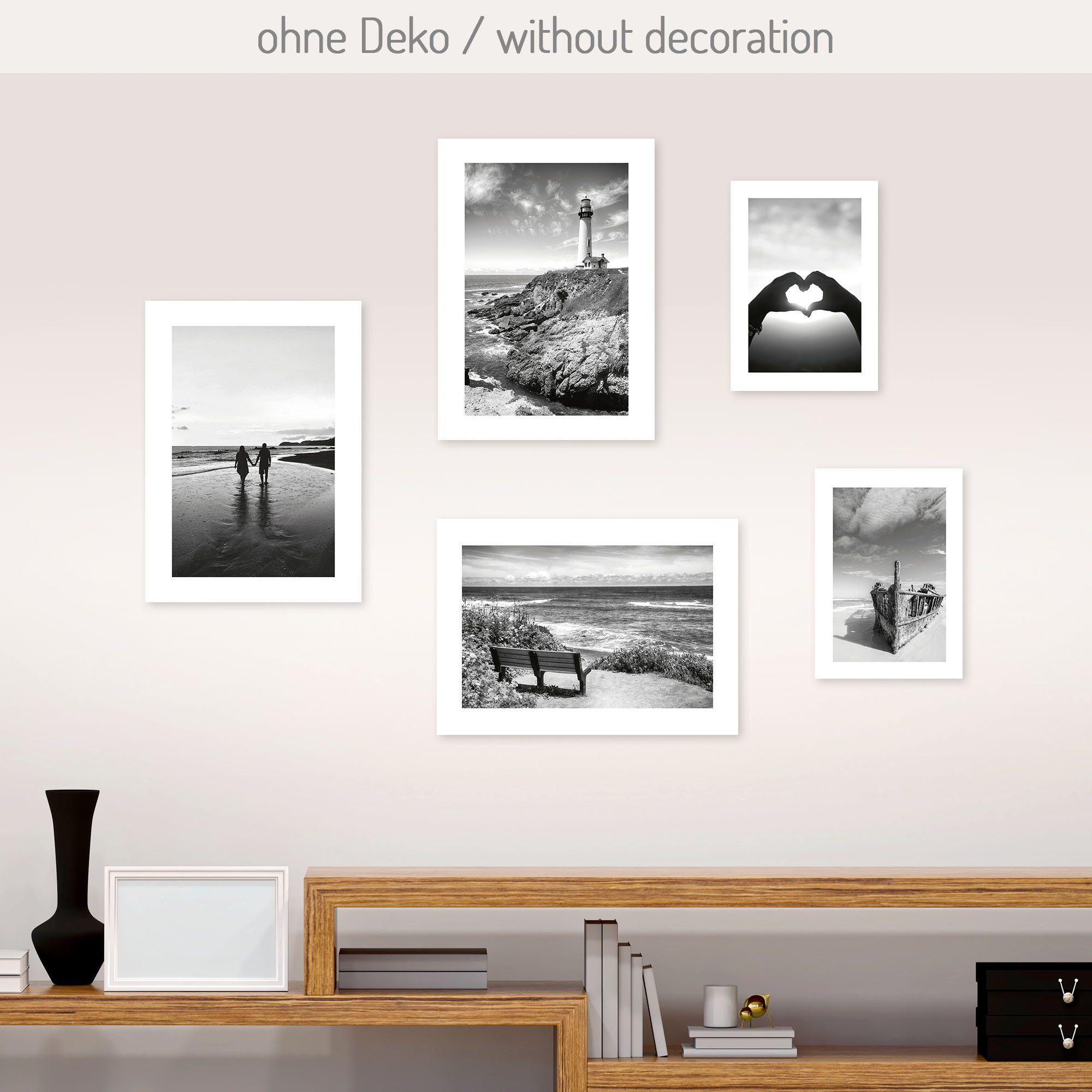 Kreative Feder Poster, Schwarz Weiß, Vintage, Liebe, Herz, Landschaft, Natur, Romantik, Meer, Strand (Set, 5 St), 5-teiliges Poster-Set, Wandbild, Posterwand, optional mit Rahmen
