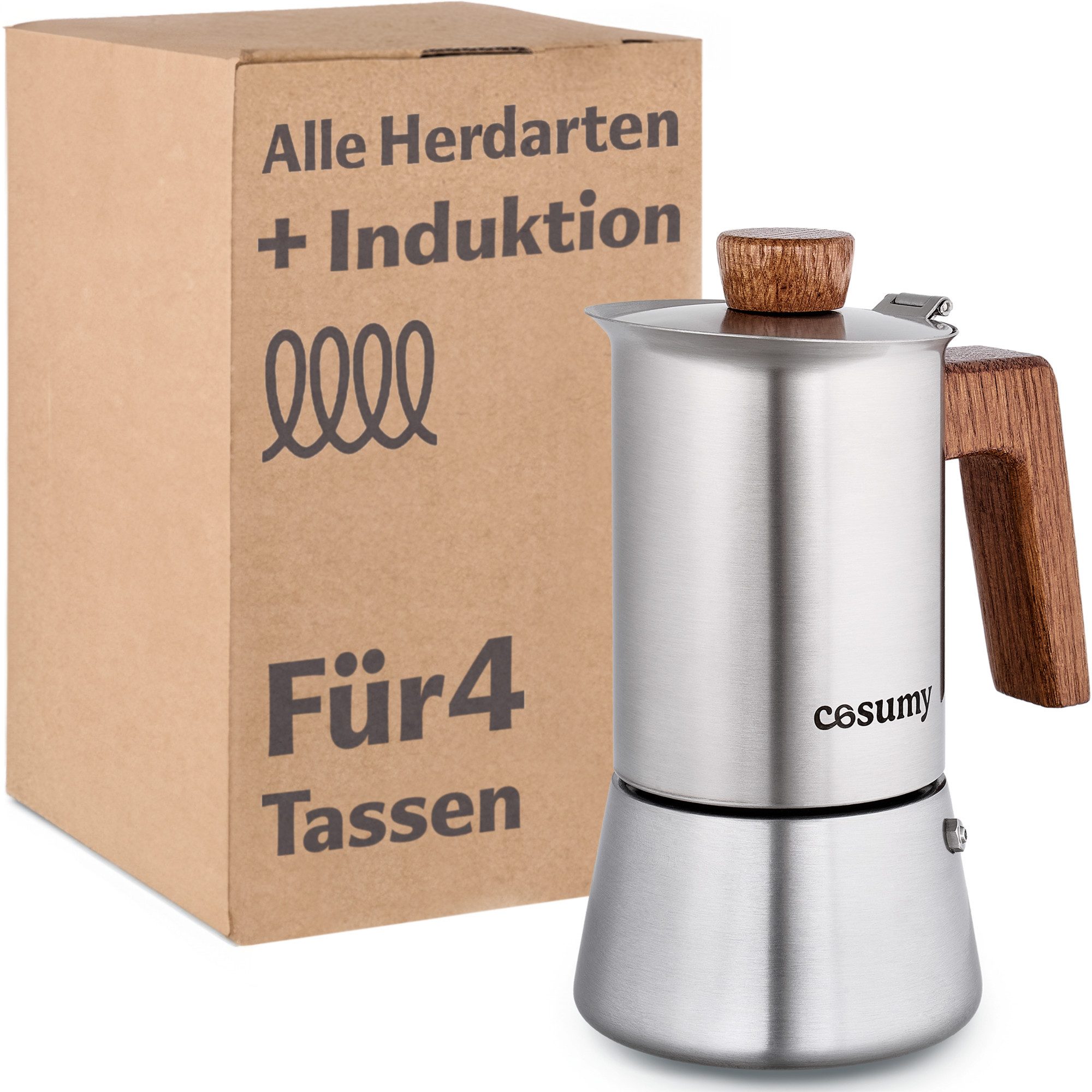 Cosumy Espressokocher, Induktionsgeeignet, FSC-zertifiziertes Eichenholz