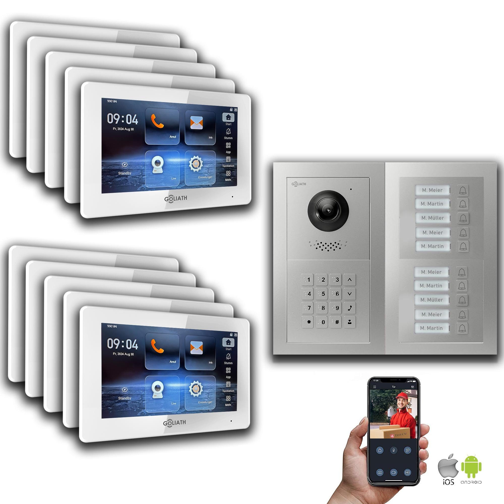 Goliath Intercom Video-Türsprechanlage Goliath IP Video Türsprechanlage: 7-Zoll 10 Familienhaus, Zahlencode, (Privat oder Gewerblich)