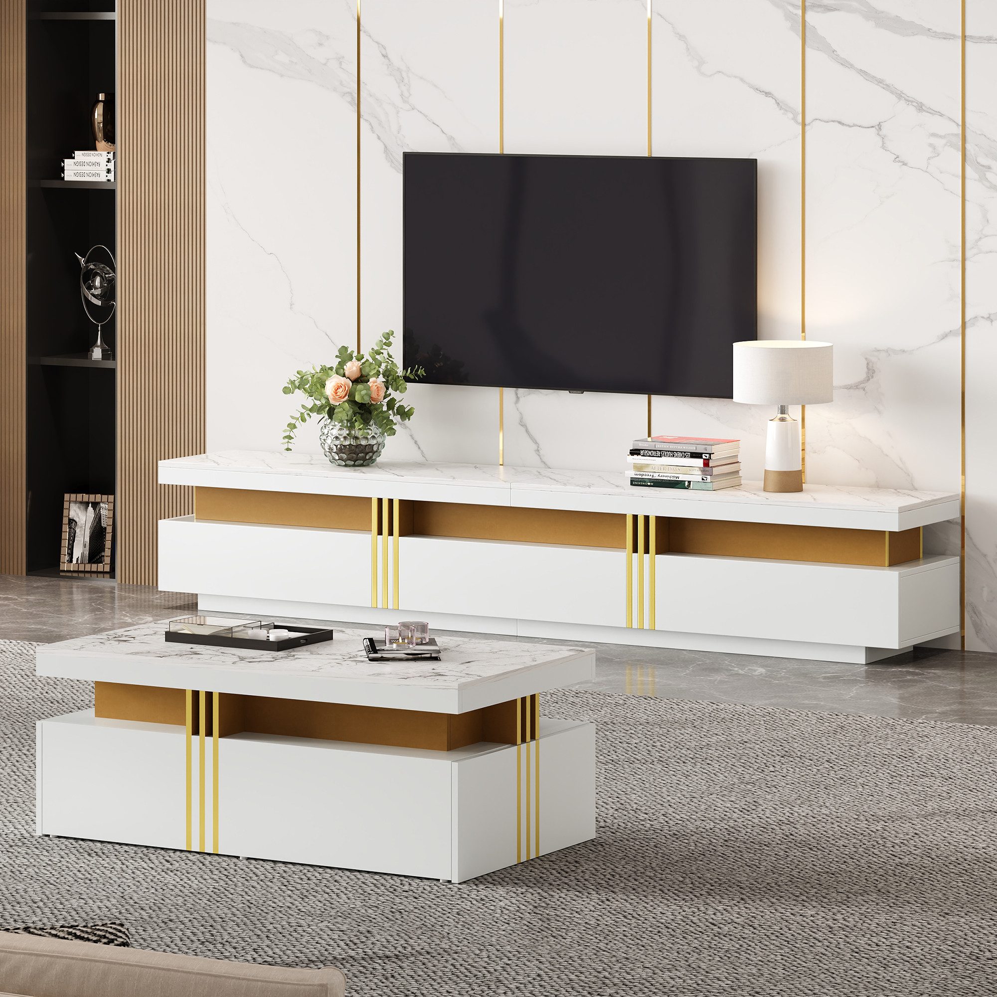 REDOM Wohnzimmer-Set Luxus Wohnzimmermöbel Set in Marmor-Optik, (Wohnwand, TV-Wandkombination, Wohnzimmer-Wandkombination, 2-St., 100*50*40 cm+200*40*42 cm), mit Marmormuster und goldene Dekoration