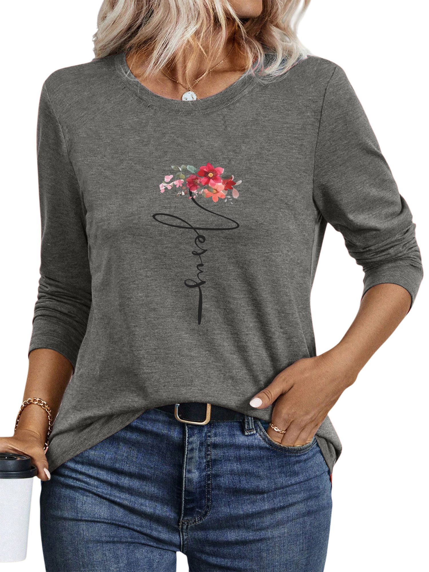 PYLIKE Rundhalsshirt Damen Rundhalsausschnitt Longsleeve mit Blumen Print-S günstig online kaufen