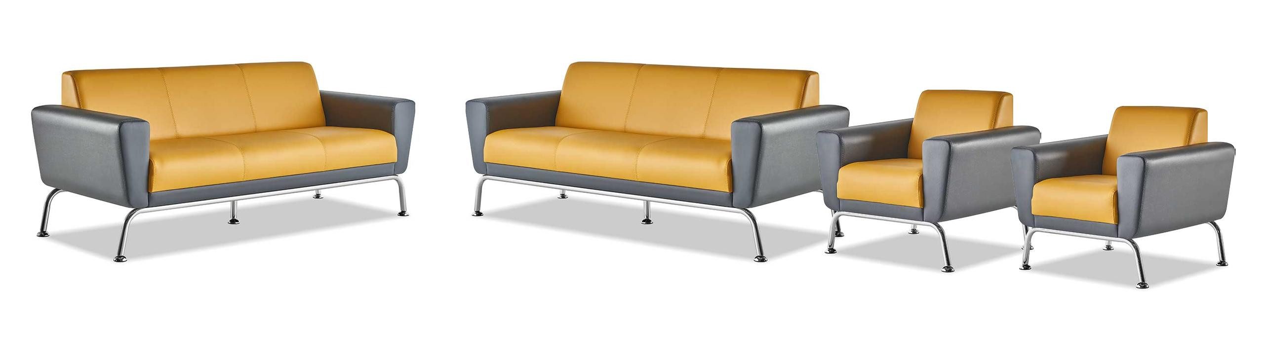 JVmoebel Polstergarnitur Sofagarnitur in Gelb und Grau aus Leder mit Edelstahl-Elementen, (Sofa-Set 4tlg (2x 3-Sitzer + 2x Sessel), Made in Europa