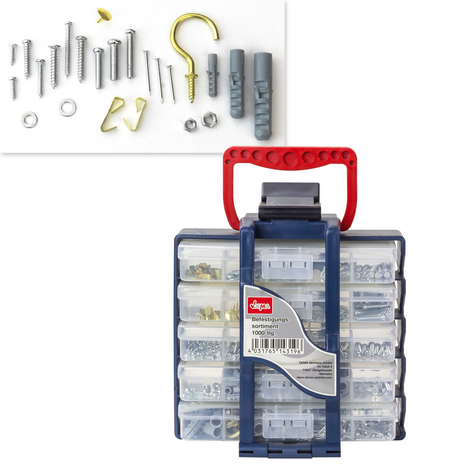 DEMA Werkzeugset Befestigungs-Sortiment 5 Tabletts 1000 tlg.