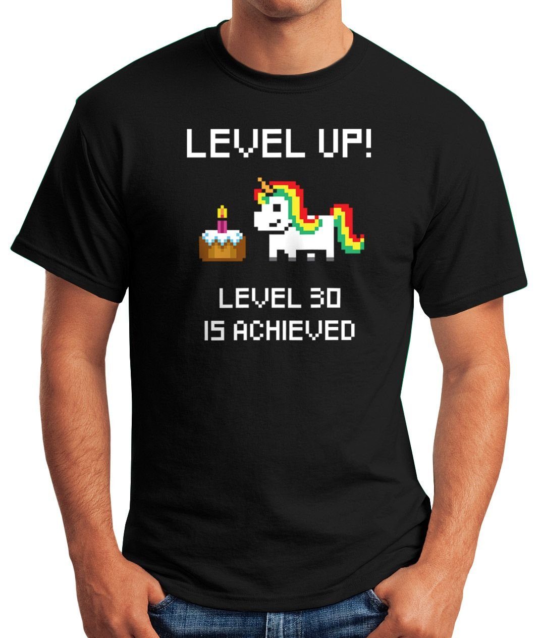 Retro Arcade Print Geschenk Print-Shirt Herren Moonworks® schwarz Pixel-Einhorn T-Shirt 30 Geburtstag Level Gamer Fun-Shirt Pixelgrafik Torte Up mit MoonWorks