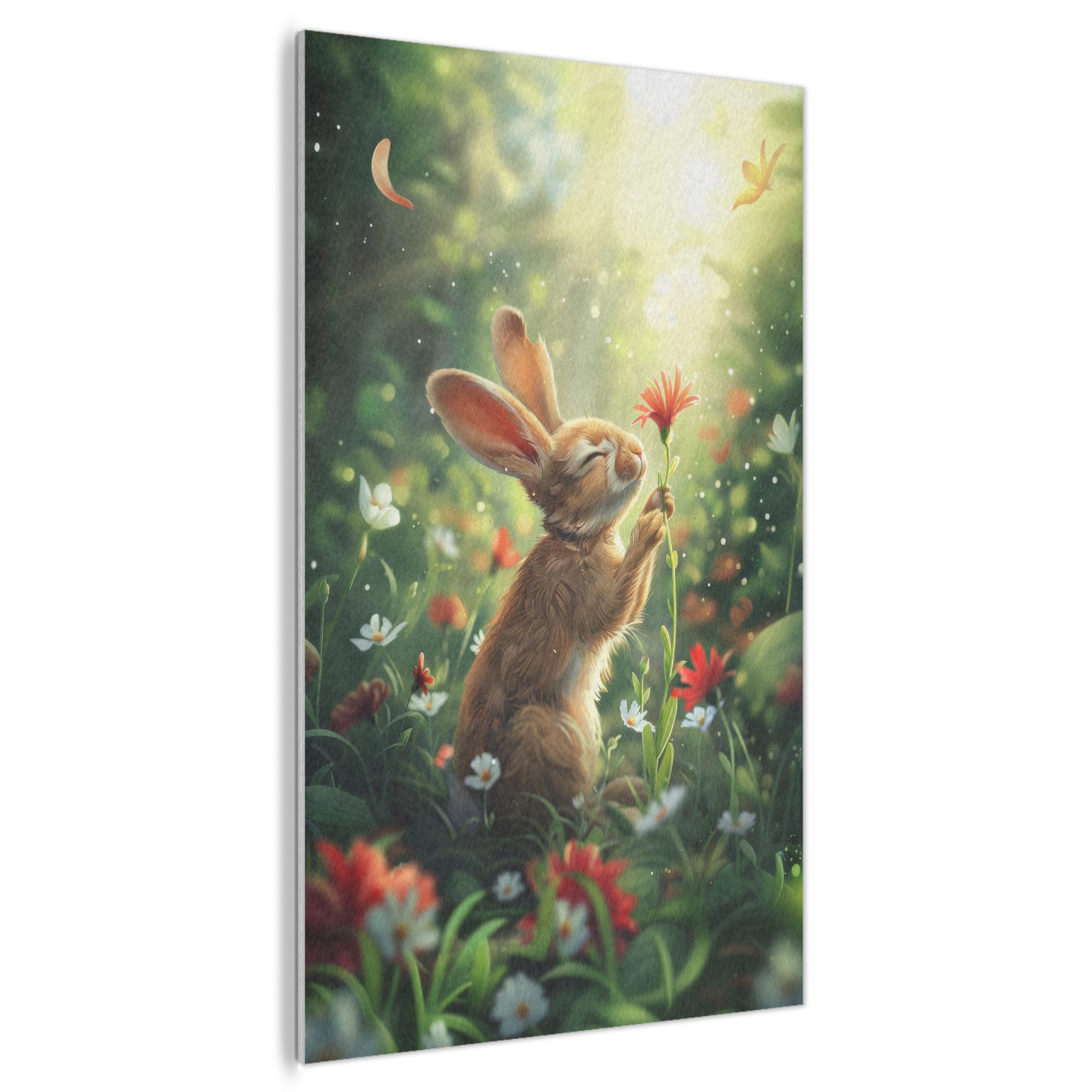 MuchoWow Gemälde Kaninchen - Tiere - Blumen - Natur, Fotodruck (1 St), Akustikbilder PET-Filz, Wandpaneele, Akustikpaneele 100x150 cm