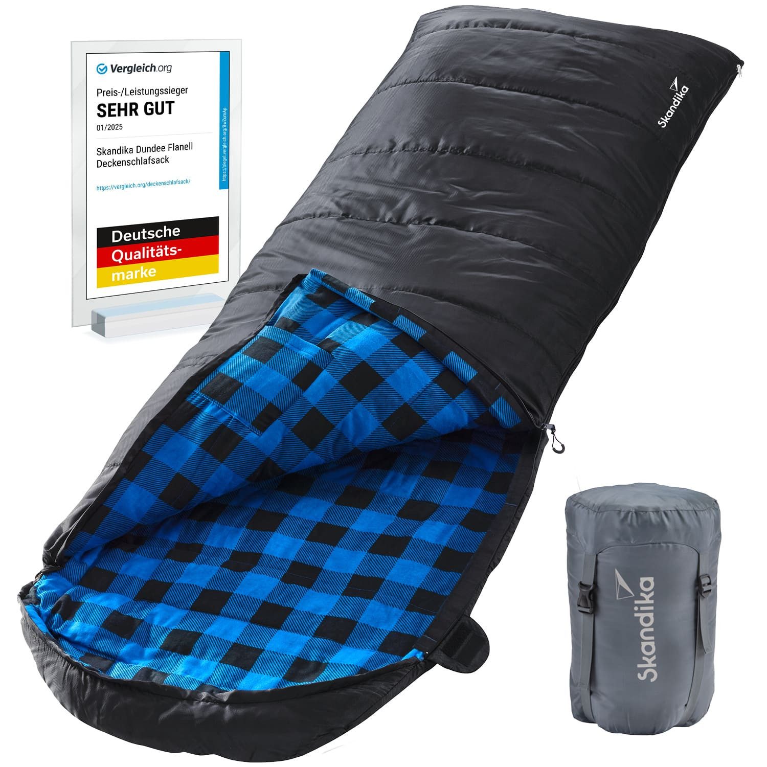 Skandika Deckenschlafsack Dundee Baumwollflanell, Koppelbar, Kopfteil mit Kordel (Reißverschluss mit Webband-Klemmschutz, Innentasche mit Klett), 3 Jahreszeiten, bis -20°C, Packsack mit Kompressionsbändern, 220x80cm
