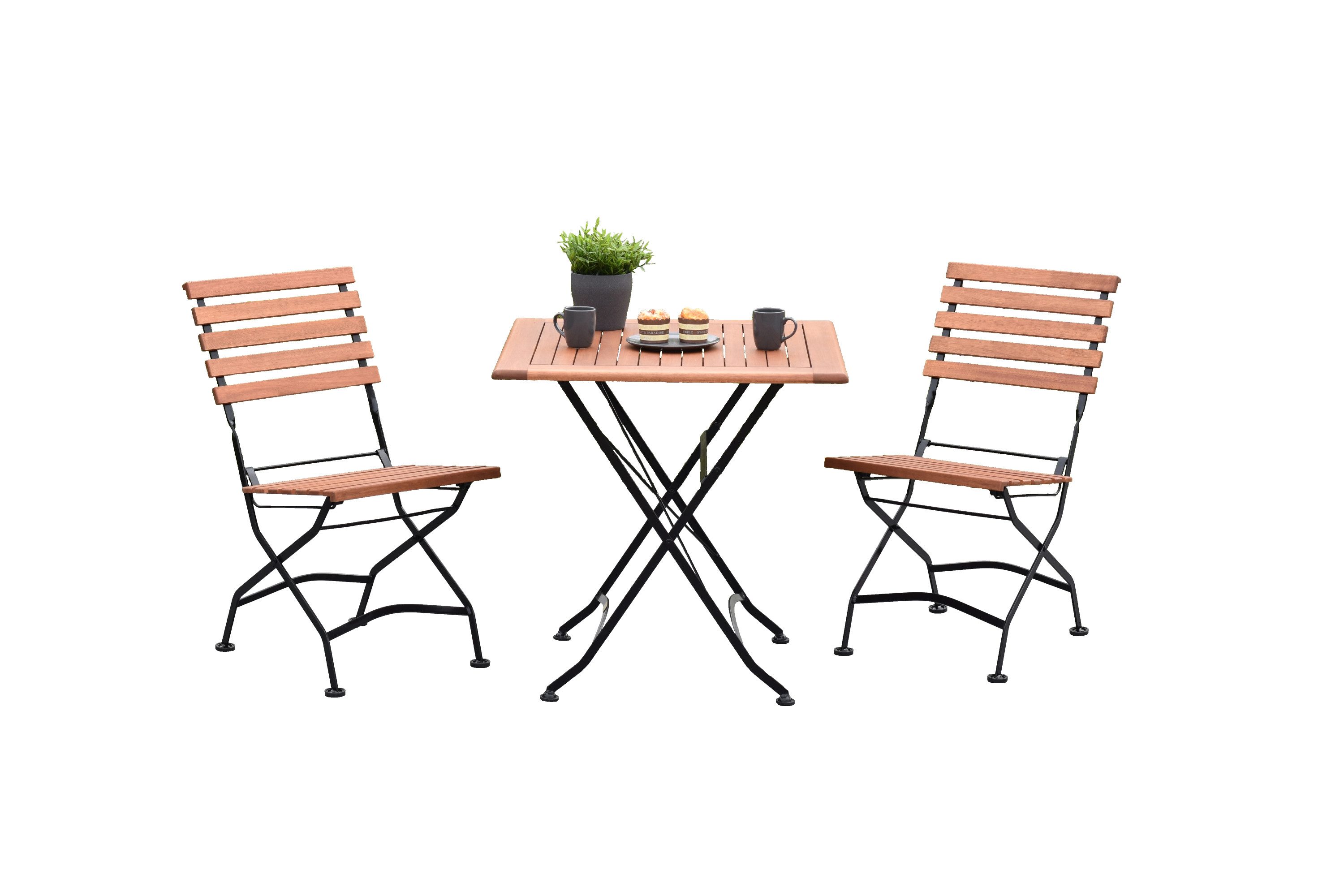 MERXX Garten-Essgruppe Schlossgarten, (Set 3-teilig, Tisch, 2 Klappstühle, Flachstahl mit Eukalyptusholz), Lieferung ohne Dekoration