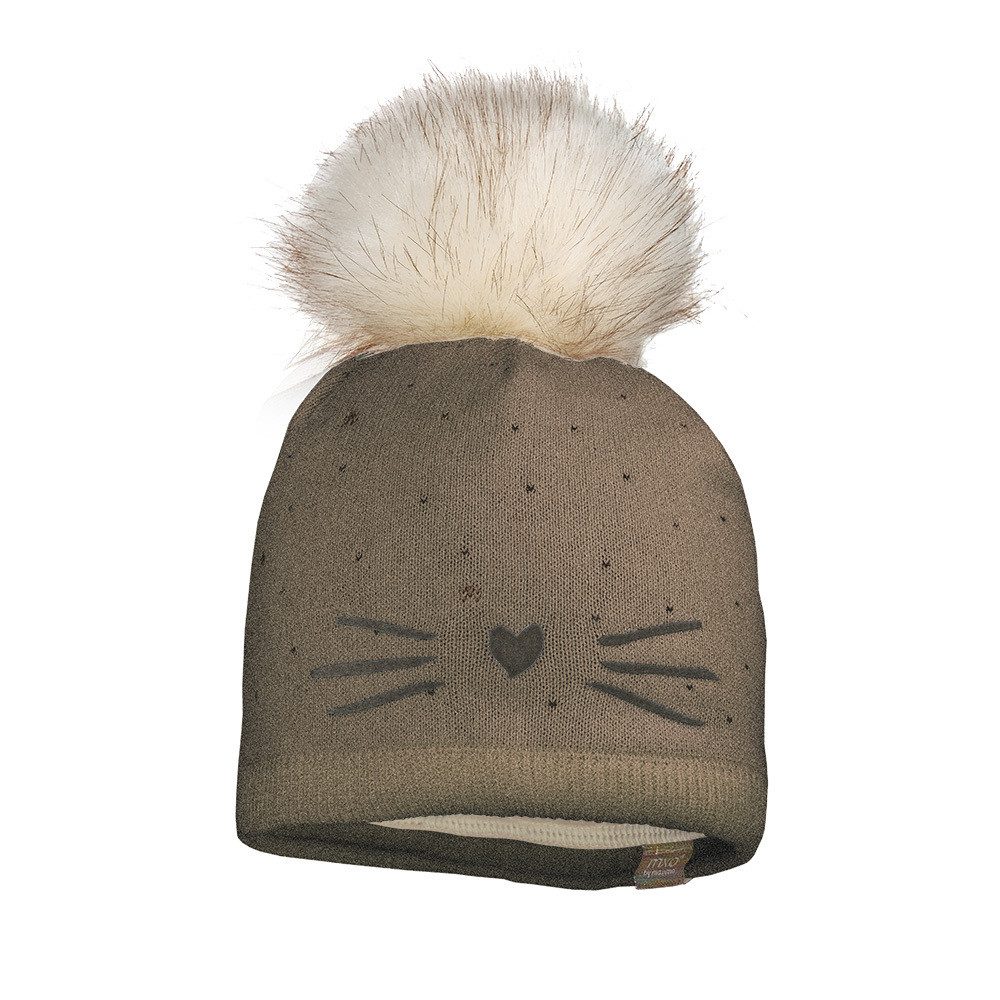 Strickmütze MINI GIRL-Beanie, short, Flockmotiv Schnurrbart, Pompon, Futter