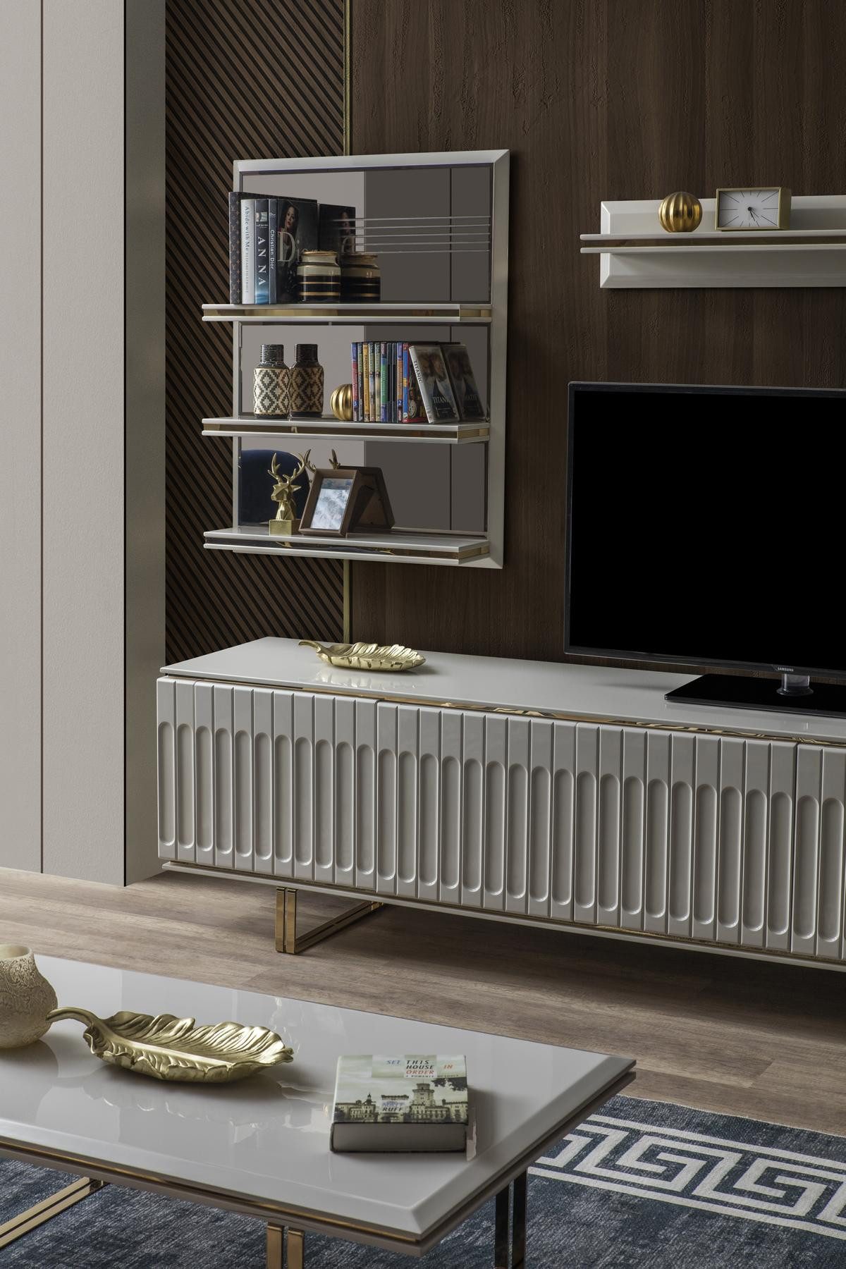 JVmoebel Wohnwand Luxus TV Lowboard aus Holz und Glas in Weiß-Gold, (3-St., RTV + 2x Regale), Made in Europa