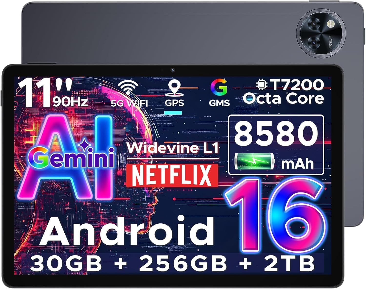 Zevelora 6 GB RAM Gemini AI, 8580mAh, 90Hz Display Octa Core 13MP+5MP Gaming Tablet (11", 256 GB, Android 16, Ultraschnelles Multitasking-Gerät für Streaming, Arbeit und Gaming)