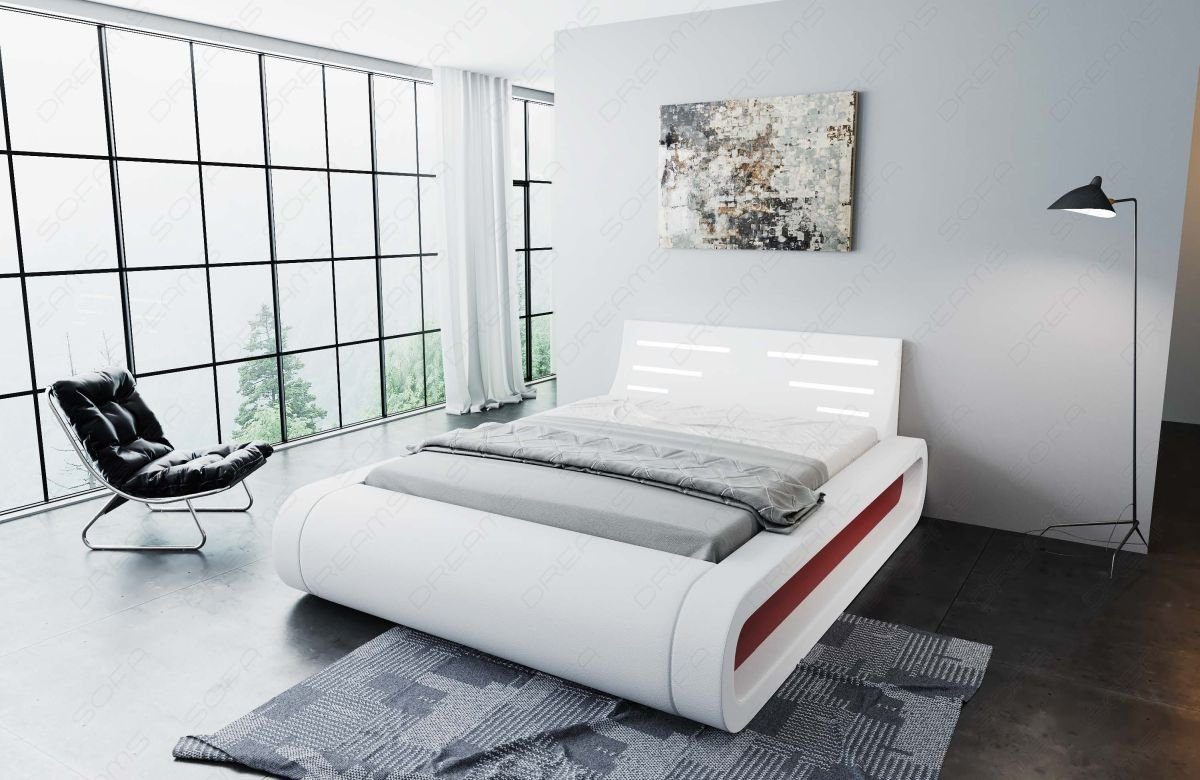 Sofa Dreams Boxspringbett Sorano LED weiß-rot Komplettbett Bett Topper, mit Matratze, mit Beleuchtung, mit LED Beleuchtung Premium mit Kunstleder
