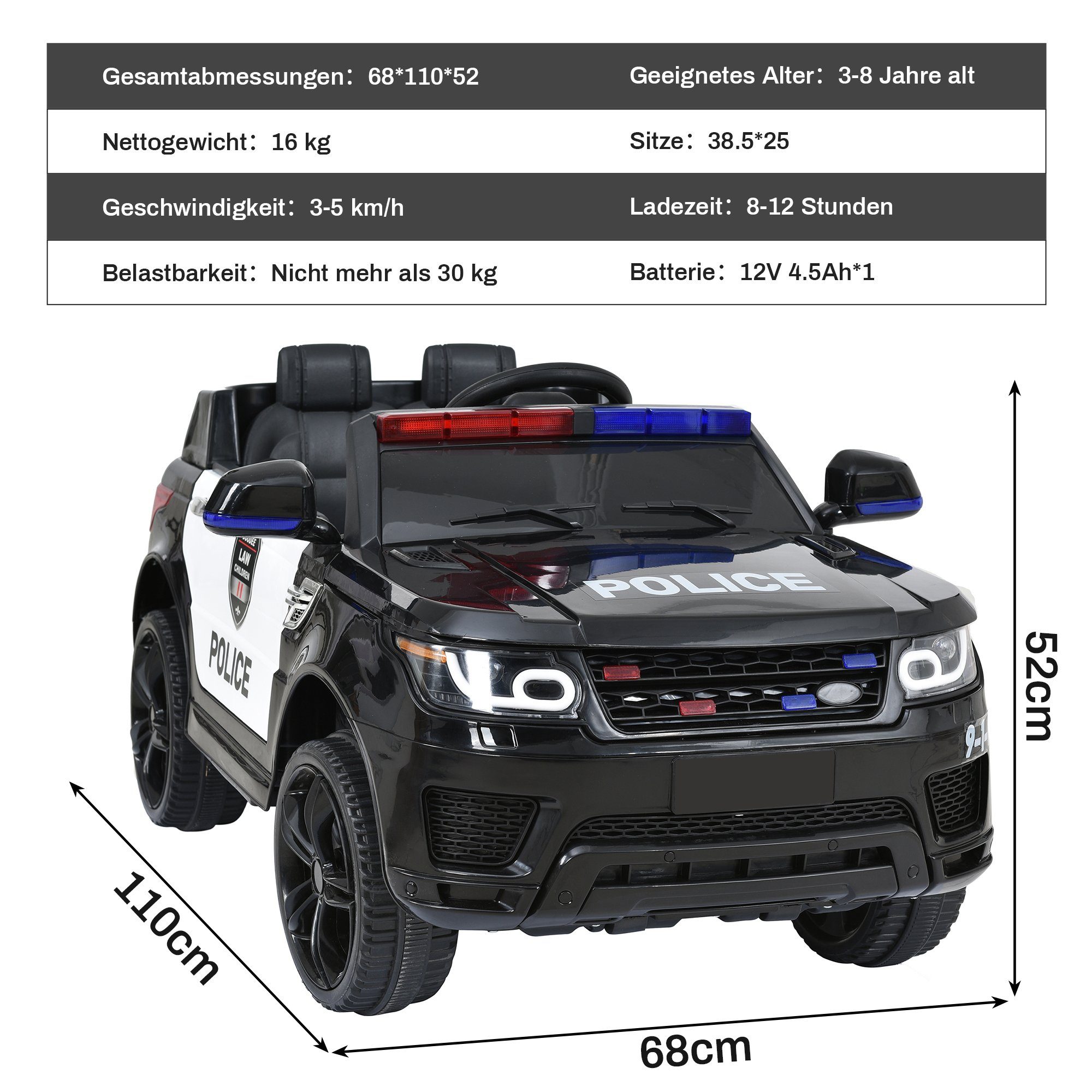Schwarz Hupe, M 12V REDOM kg, AUX Elektro-Kinderauto für Kinder 37-95 Bluetooth und 3-5km/h, Belastbarkeit 30 inkl., Mit USB, mit Licht,