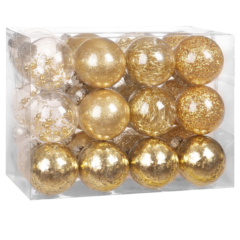 Casaria Weihnachtsbaumkugel, Christbaumkugeln 24tlg Ø6cm Kunststoff transparent gefüllt Gold